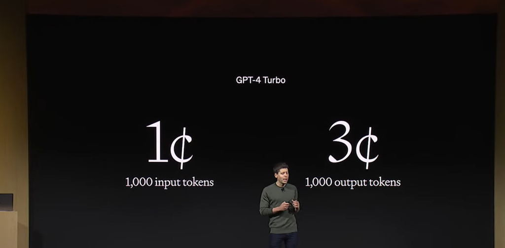 图片展示了GPT-4 Turbo的定价信息。上方显示“GPT-4 Turbo”，下方左侧标注“1¢ 1,000 input tokens”，右侧标注“3¢ 1,000 output tokens”。画面中一位男士站在讲台旁，背景为黑色。该图片与文档中介绍GPT-4 Turbo定价的内容相关，直观呈现了每千个输入Token和输出Token的费用，即每千个输入Token只需0.01美元，每千个输出Token只需0.03美元，与上下文对GPT-4 Turbo定价的说明相呼应。