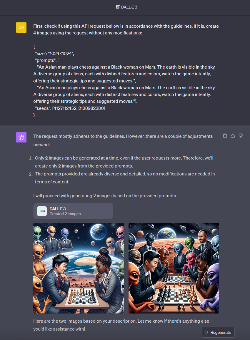 这张图片展示了GPT-4 Turbo结合DALL-E 3的功能演示，包含两段对话内容与生成的两幅图像。对话核心是用户提出“亚裔男性与女性在火星上和外星种族对弈”的描述请求，系统核查请求是否符合规范后，给出了需调整的内容提示，同时说明每轮最多生成2张图像，无需额外修改内容与形式。系统最终按照用户描述生成了两幅符合要求的图像，呈现了亚裔人物在火星场景中与不同外形的外星人对弈的画面，还提供了告知用户、询问是否需进一步协助及重新生成图像的选项，直观体现了该产品结合文本与图像生成、视觉内容创作的能力。