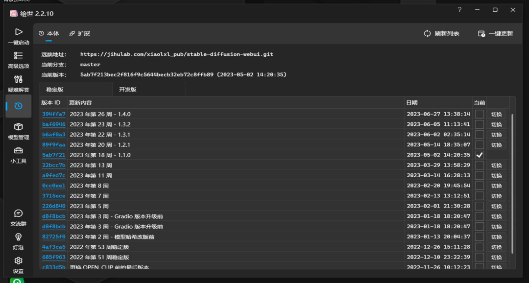 图片展示的是启动成功后的Stable Diffusion界面。界面左侧有“一键启动”“高级选项”“疑难解答”等功能按钮，右侧显示了远端地址为https://jihulab.com/xiaolxl_pub/stable-diffusion-webui.git，当前分支为master，当前版本有具体的代码编号及时间（2023 - 05 - 02 14:20:35）。下方列表呈现了多个版本ID、开发版、日期等信息，每行右侧还有“切换”按钮。该图与上文提到的启动Stable Diffusion后界面相对应，直观呈现了启动后的操作界面情况。