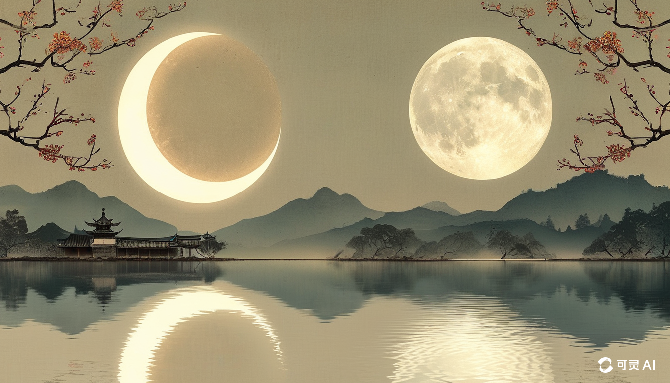 图片展示了可灵AI根据《水调歌头》创作的古风画面。画面中，左侧是弯月，右侧是圆月，均倒映在平静的湖面上，湖对岸有山峦和古建筑。画面左上角和右上角各有一枝带红叶的树枝。远处山峦层叠，近处湖面波光粼粼。此图与上文提到的可灵AI能根据描述创造出符合古典诗词意境的画面相呼应，体现了AI在现代审美和传统意境间的平衡创作能力。