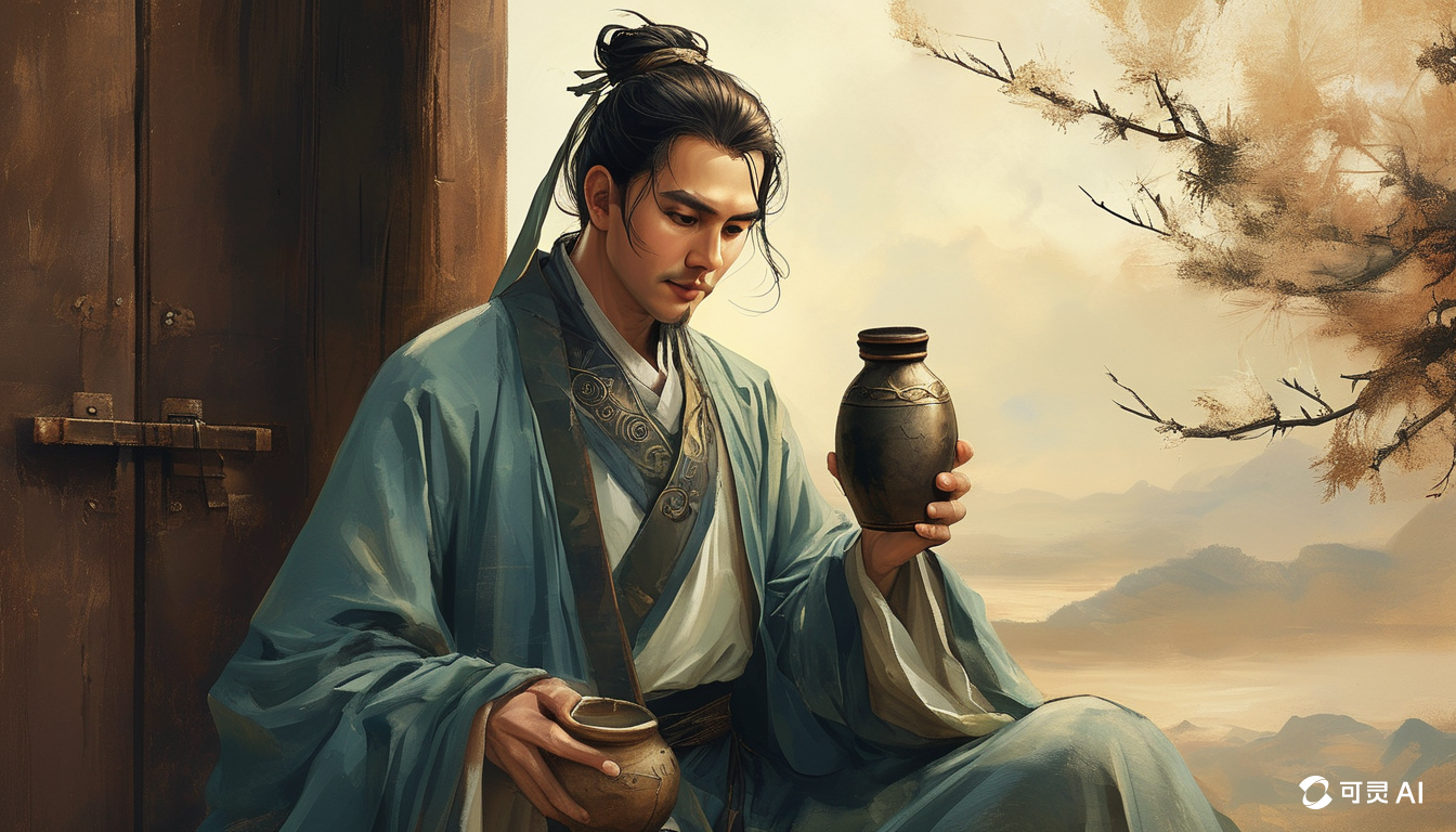 图片展示了一位身着传统服饰的男子，他盘腿坐在木制长椅上，手持两个陶罐，背景是朦胧的山水景色和枯枝。男子长发束于脑后，面带严肃表情，目光望向画面左侧。画面右侧有“可灵AI”标识。该图与上文提到的可灵AI根据描述创造出符合古典诗词意境的画面相呼应，是AI创作的符合苏轼笔下意境的图像之一。