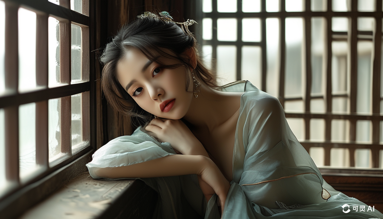 这张图片是可灵AI为《水调歌头》主题创作的古风人物画面，对应文档中“第3步：可灵AI出图”的环节。画面里的女子身着浅青色古风衣衫，佩戴精致头饰与耳饰，倚在古式木格窗边，神情柔婉，整体风格贴合古典诗词的意境，尽显传统韵味，体现出可灵AI能将古典文学意境转化为视觉画面的创作能力，衔接上下文关于AI创作符合诗词意境画面的内容。