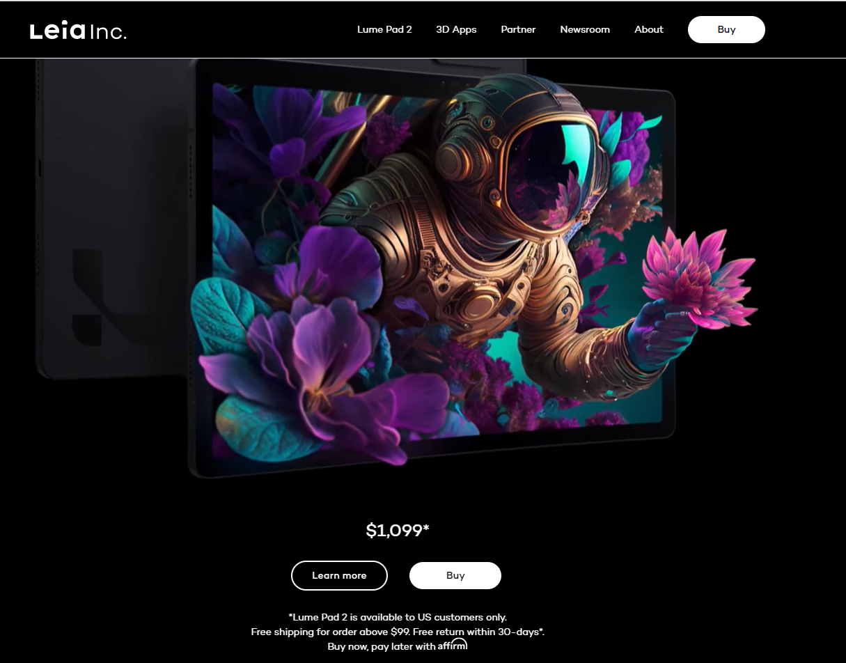 图片展示的是Leia Inc.官网中Lume Pad 2的页面。画面中Lume Pad 2平板电脑屏幕显示了一位宇航员在紫色花朵环绕的环境中伸手触碰花朵的3D图像，画面色彩鲜艳。屏幕下方显示价格为$1,099*，并有“Learn more”和“Buy”按钮。页面顶部有“Leia Inc.”标志及导航栏，底部还标注了购买须知。该图片与文档中介绍LeiaPix Converter应用场景部分内容相关，直观呈现了其可生成的3D图像效果。