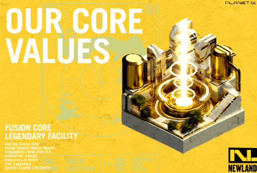图片展示的是Newland Fusion Core的宣传图。左侧以黄色为主色调，上方大字“OUR CORE VALUES”突出核心价值观，下方文字介绍FUSION CORE为传奇设施，其功率来源为原子核。右侧是Fusion Core的3D模型，呈现为一个带有发光圆环的建筑结构，周围有树木装饰。底部有Newland的标志及“NEWLAND”字样。该图与文档中应用场景部分相关，展示了Fusion Core这一建筑与室内设计应用场景的视觉效果。