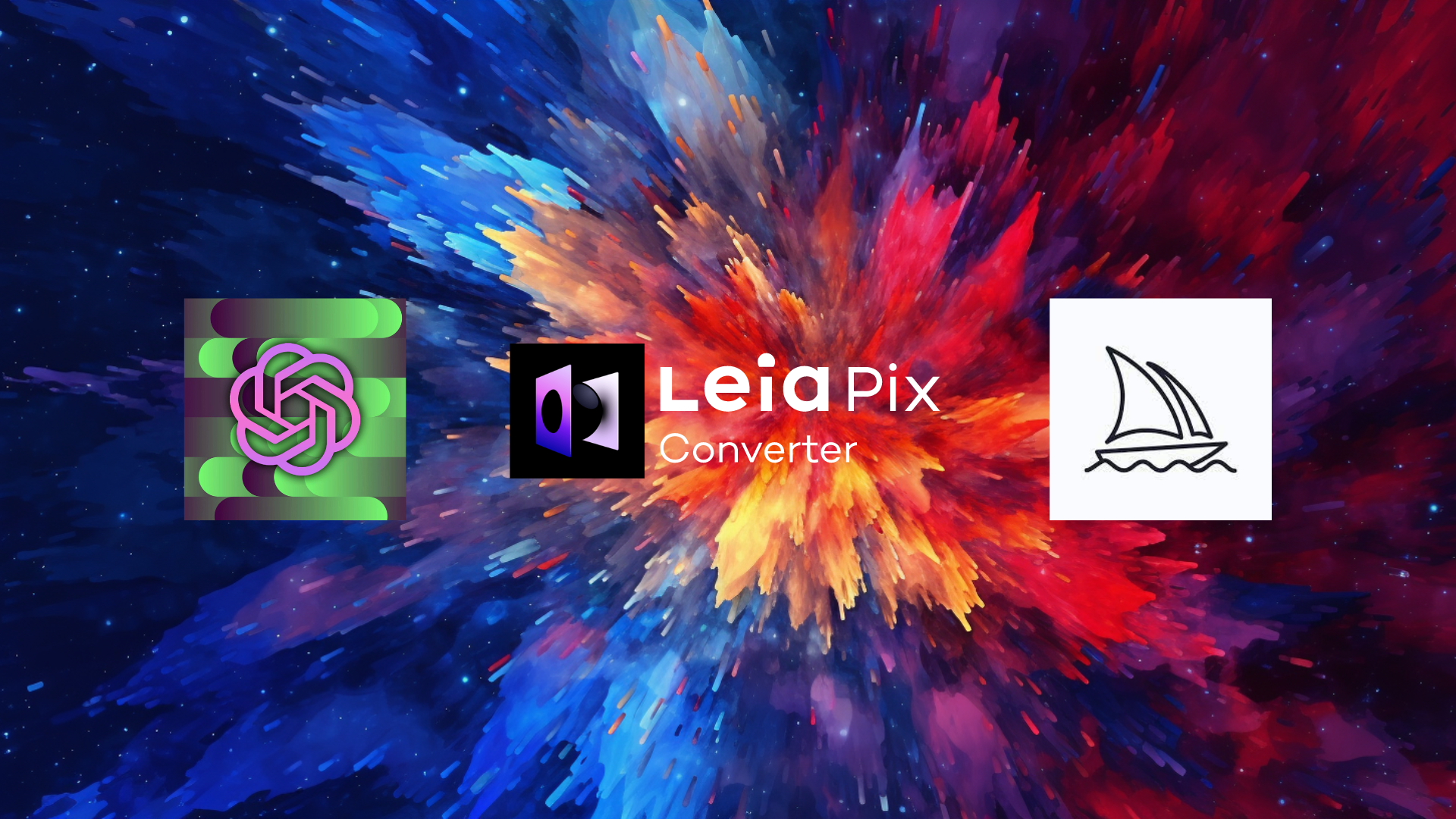 图片展示了LeiaPix Converter的相关内容。背景为色彩斑斓的爆炸效果，中间是LeiaPix Converter的标志。左侧是ChatGPT的标志，右侧是LeiaPix Converter的图标。该图片位于介绍LeiaPix Converter特点的上下文之前，可能是用于引出或强调LeiaPix Converter与其他工具或平台的关联，为后续介绍其特点做铺垫。