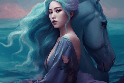 图片展示了一位身着蓝色服饰的女性，背景为蓝色调的海景，右侧有一匹马。女性长发飘逸，发色为蓝绿色，眼神深邃。画面整体色调柔和，带有梦幻色彩，与文档中“艺术与摄影”应用场景相契合，体现了LeiaPix Converter在艺术创作方面的应用效果。