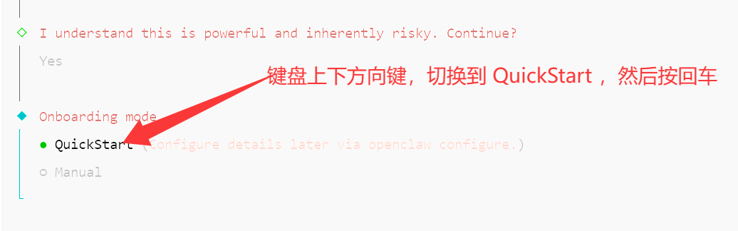 图片展示的是openclaw配置界面中Onboarding mode选项。界面上方提示“理解这很强大且风险高，继续？”，下方有“是”和“否”选项。关键信息是Onboarding mode下有“QuickStart”和“Manual”两个选项，其中“QuickStart”被红色箭头指向，旁边有说明“稍后通过openclaw configure配置详情”。该图片与上文配置openclaw时初始化命令“openclaw onboard--install-daemon”后，需先配置飞书机器人的内容相关，是配置飞书机器人的第一步操作指引。