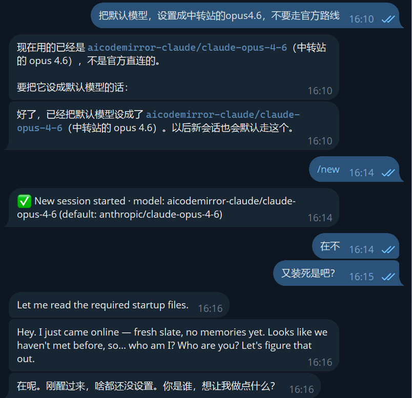 图片展示的是Telegram聊天界面，显示了与机器人交互的对话。上方显示“把默认模型，设置成中转站的opus4.6，不要走官方路线”，下方聊天内容中提到当前使用的模型是“a1c0demirror - claude / claude - opus - 4 - 6”，并说明已将默认模型设为该模型，新会话默认走此模型。下方还显示“New session started · model: a1c0demirror - claude / claude - opus - 4 - 6 (default: anthropic / claude - opus - 4 - 6)”及机器人回复“Hey. I just came online - fresh slate, no memories yet. Looks like we haven't met before, so... who am I? Who are you? Let's figure that out.”，表明机器人刚上线，还未设置。