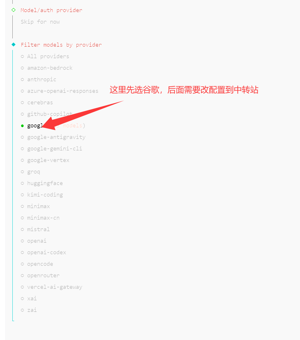 图片展示的是openclaw配置中“Filter models by provider”选项下的模型提供商列表。列表中包含多个提供商，如amazon-bedrock、anthropic、azure-openai-responses等，其中“google”被红色箭头指向并突出显示。图片与上下文的关系是，在配置openclaw时，需先选中“google”提供商，后续还需将配置改配置到中转站，此图直观呈现了操作选项。