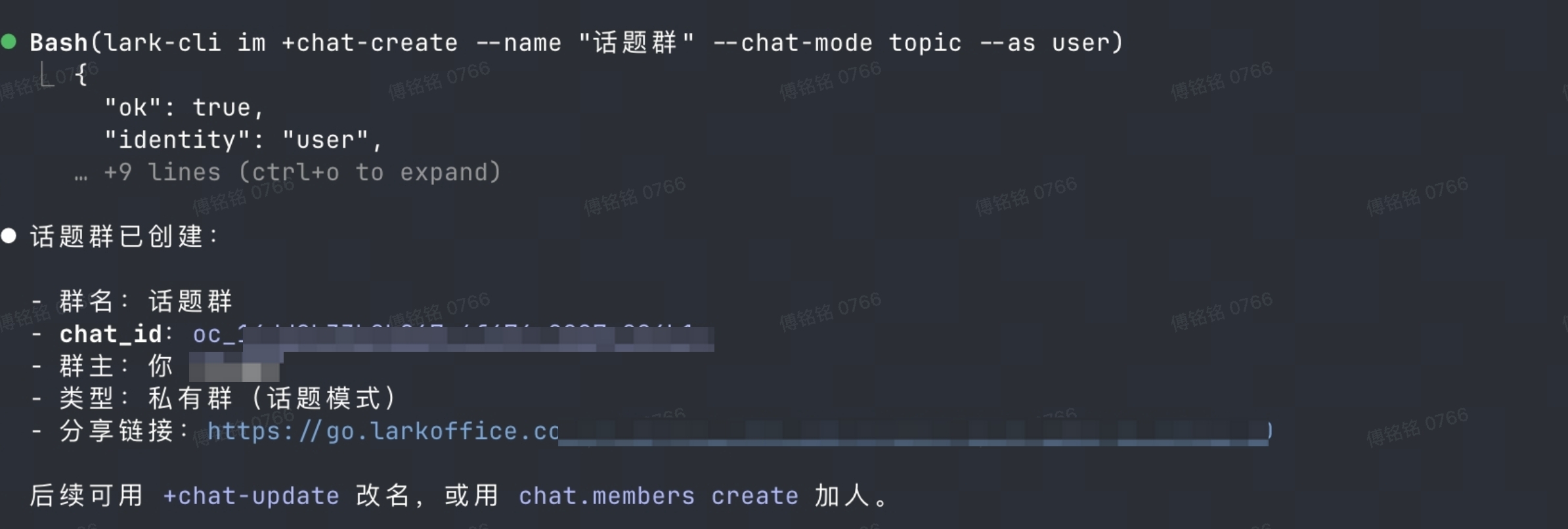 图片展示了飞书CLI创建话题群的命令及结果。命令为“+chat-create --name “话题群” --chat-mode topic --as user”，执行后返回“ok”为true的JSON格式数据，显示群名、chat_id、群主、类型、分享链接等信息。下方提示后续可用“+chat-update”改名，或用“chat.members create”加人。该图片与文档中介绍飞书CLI功能的上下文相关，直观呈现了创建话题群的操作示例。