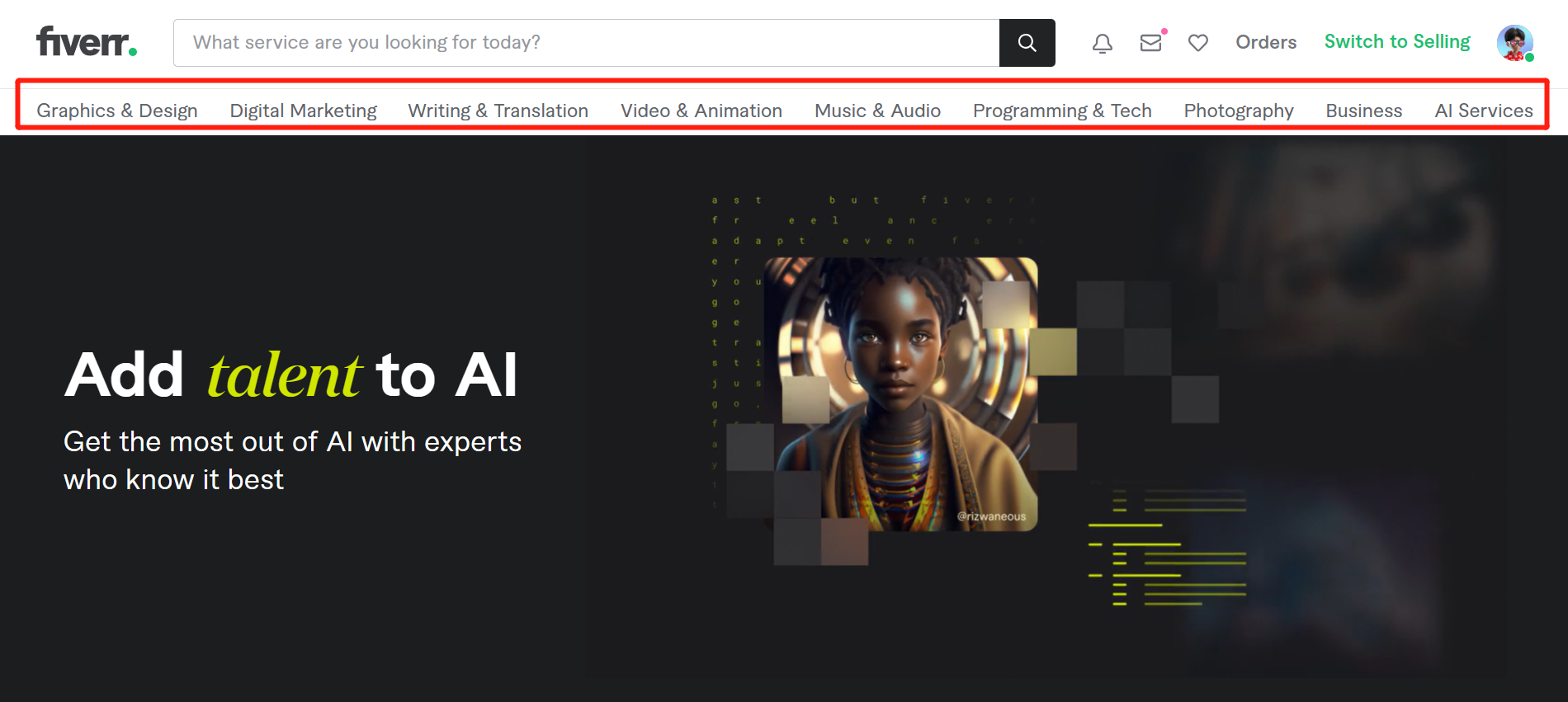 图片展示了Fiverr平台的导航栏，其中“AI Services”被红色框线突出显示。导航栏包含多个服务类别选项，如Graphics & Design、Digital Marketing、Writing & Translation等，AI Services位于最右侧。该图片与上下文紧密相关，上下文提到Fiverr提供了各种AI相关服务，而图片直观呈现了平台中AI服务类别，帮助用户了解其在平台中的位置及类别分布情况。