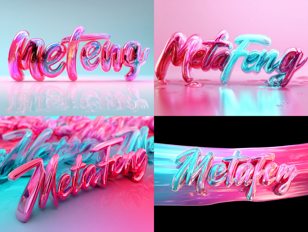 图片展示了四个不同角度的“MetaFeng”文字效果。文字以粉色、蓝色为主色调，带有金属光泽，呈现出流动的液态效果，背景为渐变色，有粉色、蓝色等。文字在不同角度下呈现出不同的形态，如在水面上漂浮、在不同颜色背景中呈现等。该图片与上下文可能是在展示AI绘画中生成的具有特定风格的文字效果，用于说明AI绘画高手使用的万能公式能实现类似效果。
