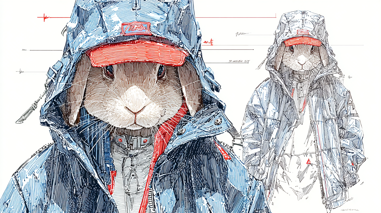 图片展示了两只穿着雨衣的兔子。左侧为彩色插画，兔子戴着红色帽子，穿着蓝色雨衣，雨衣上有红色图案，帽子和雨衣上都有红色拉链。右侧为黑白线稿，兔子同样戴着红色帽子，穿着蓝色雨衣，线条清晰。图片与上下文可能是在介绍AI绘画中使用万能公式创作的动漫风格插画，展示了不同风格的兔子形象。