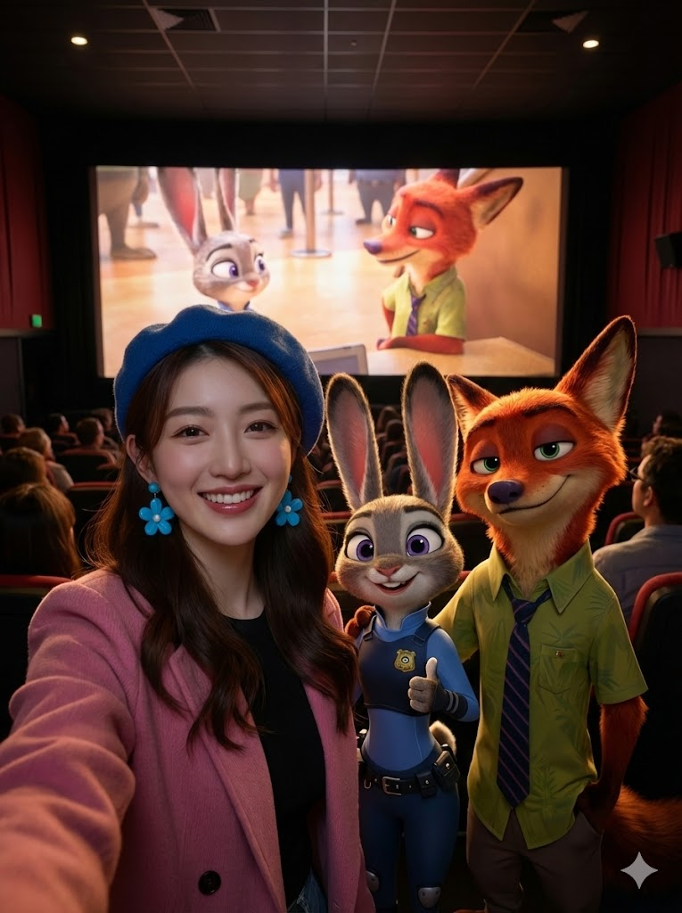 图片展示了一位女士在电影院内与《疯狂动物城》中的朱迪警官和尼克狐狸合影的场景。女士戴着蓝色发箍，穿着粉色外套，面带微笑。背景中大屏幕上播放着电影画面，画面中朱迪警官竖起大拇指，尼克狐狸则做出搞怪表情。该图片与上文“想换角色？把‘朱迪’改成‘尼克狐狸’或‘树懒闪电’”的内容相关，直观呈现了在不同角色下与电影角色合影的效果。