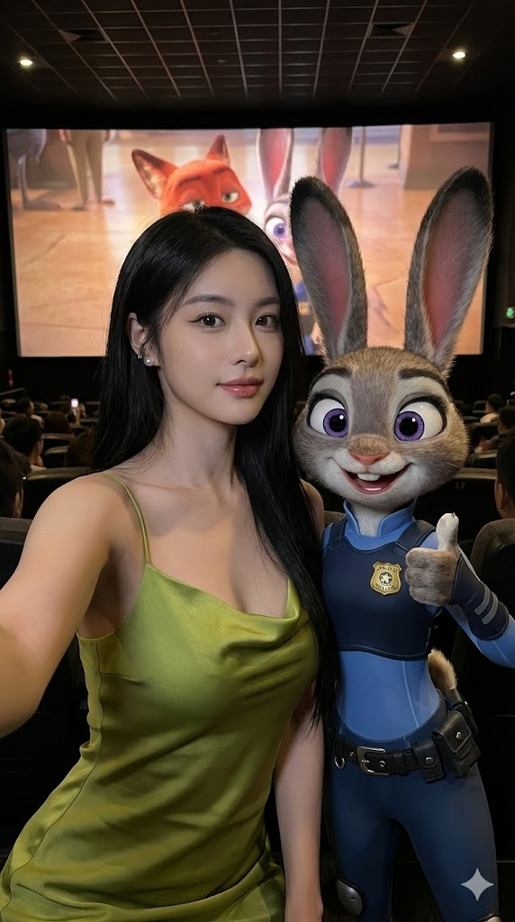 图片展示了一位女性与《疯狂动物城》中的朱迪警官合影的场景。女性身着绿色吊带裙，长发披肩，面带微笑。朱迪警官穿着蓝色制服，头戴兔耳朵，竖起大拇指，背景为电影院内，大屏幕上播放着《疯狂动物城》的片段。这张图片是对上文“教你5分钟和朱迪警官‘真实’合影”的示例呈现，直观展示了通过AI技术生成的合影效果。
