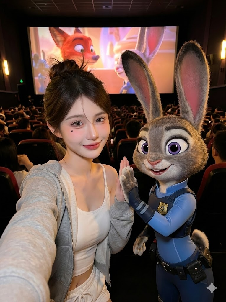 图片展示了一位女性与《疯狂动物城》中的朱迪警官角色合影的场景。女性身着白色上衣和灰色外套，扎着高马尾，面带微笑。朱迪警官穿着蓝色警服，戴着警徽，右手与女性比心。背景为电影院，大屏幕上播放着《疯狂动物城》的动画片段。这张图片与上文提到的AI时代普通人可利用高质量热点素材合影的内容相契合，展示了AI技术在娱乐场景中的应用。
