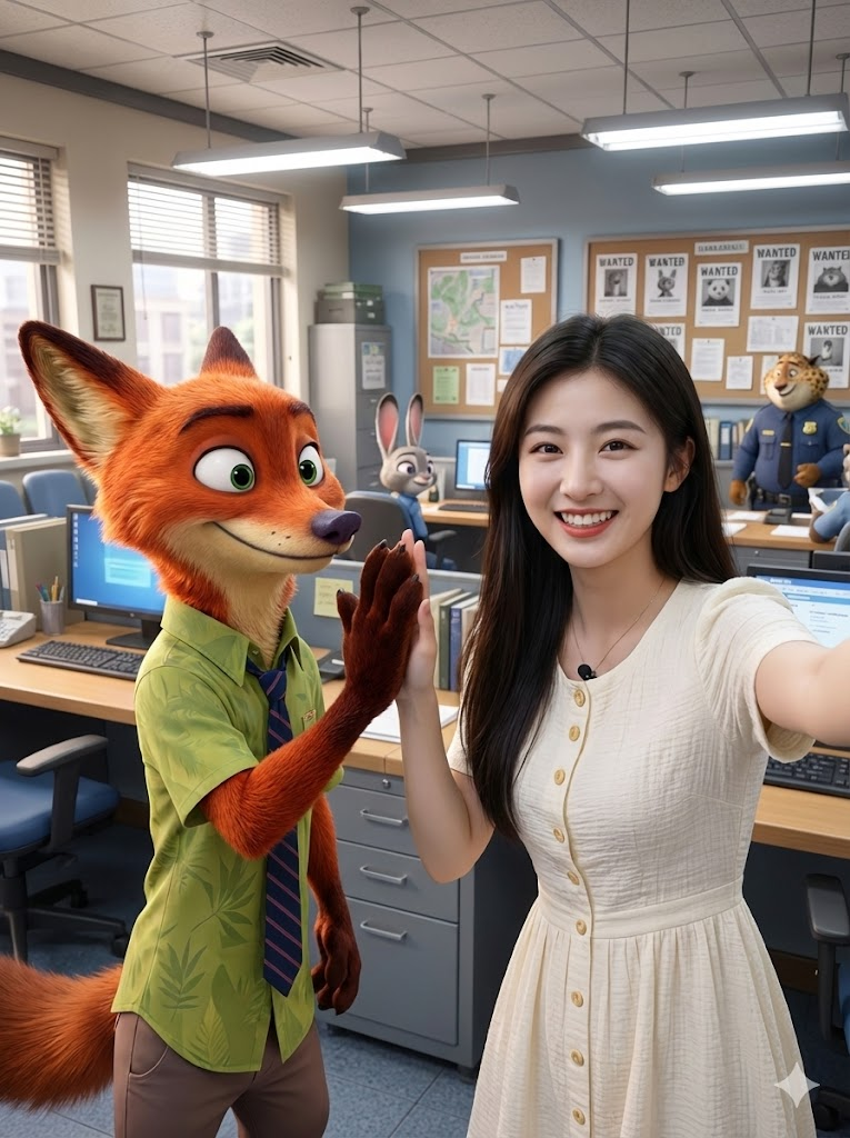 图片展示了一位女性与动画角色尼克狐狸的合影。女性身着白色连衣裙，面带微笑，左手举起自拍。尼克狐狸穿着绿色衬衫，棕色裤子，左手与女性击掌。背景为办公室场景，有办公桌、电脑、海报等。该图片与上文“想换动作？把‘竖起大拇指’改成‘击掌庆祝’或‘搞怪表情’”的内容相关，直观呈现了通过调整动作可实现的合影效果。