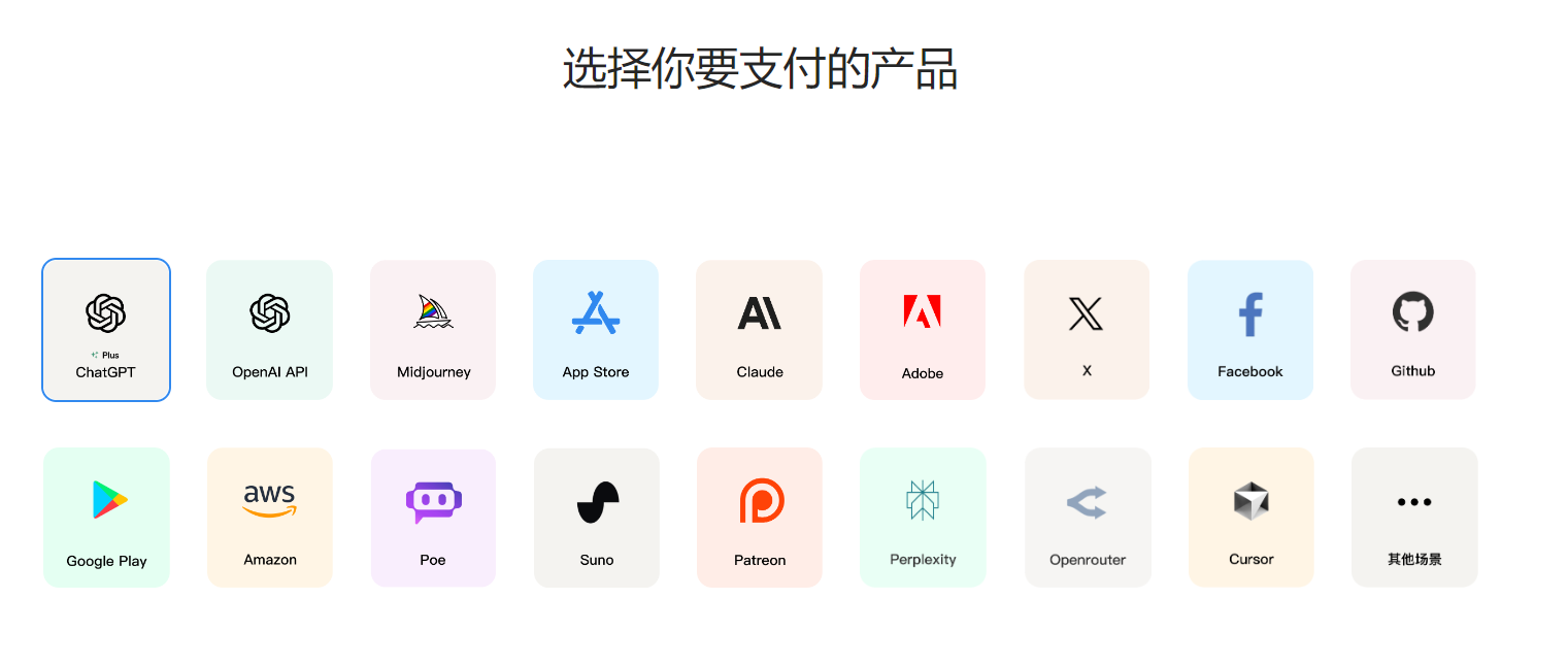 图片展示的是“选择你要支付的产品”界面，上方标题为“选择你要支付的产品”。界面中有多个支付产品图标，包括ChatGPT、OpenAI API、Midjourney、App Store、Claude、Adobe、X、Facebook、GitHub、Google Play、Amazon、Poe、Suno、Patreon、Perplexity、Openrouter、Cursor等，还有“... 其他场景”选项。该图片与文档中介绍的联盟营销相关，可充值常见的AI工具，如ChatGPT、Claude等，还能选择其他支付产品。