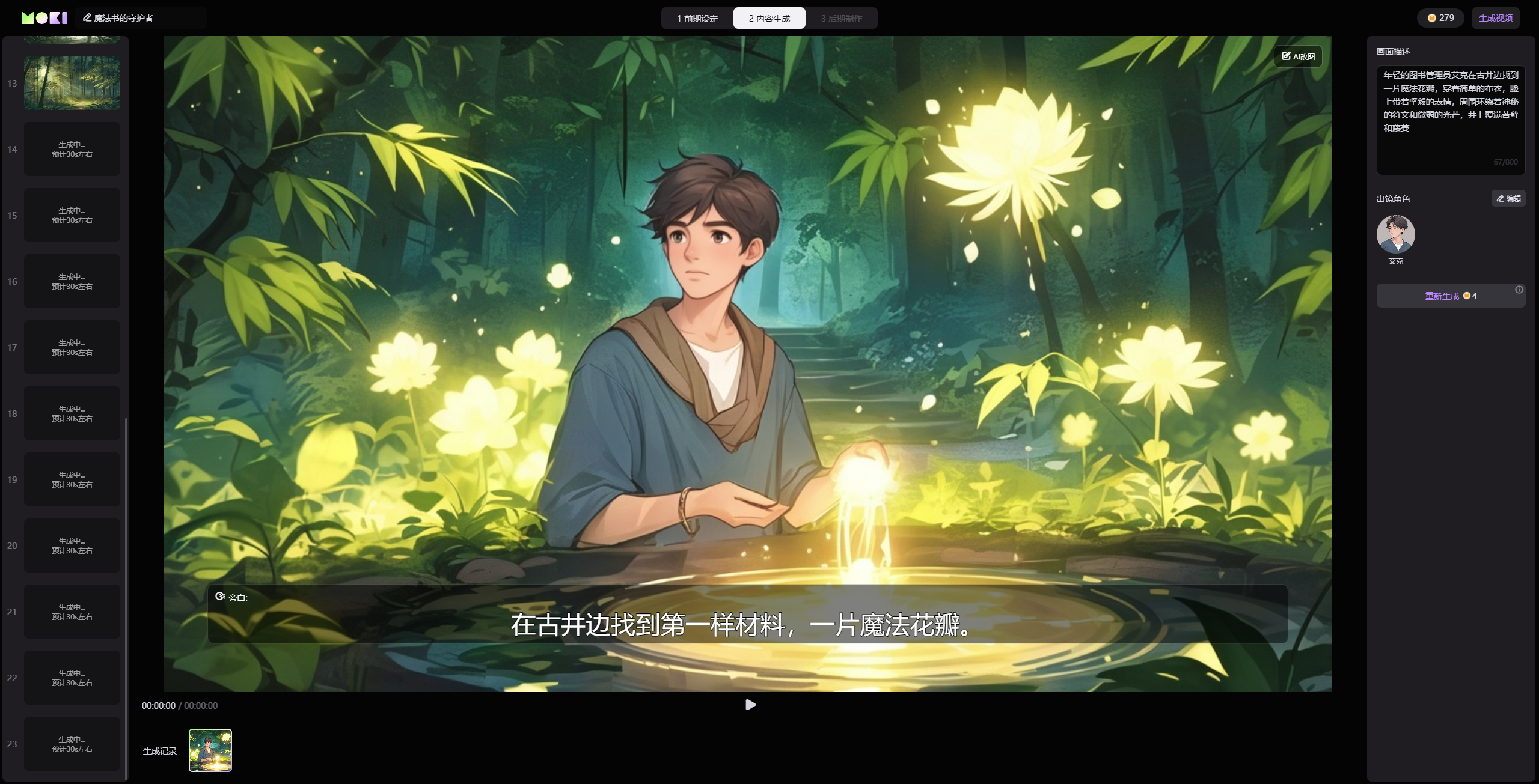 图片展示的是美图MOKI生成的视频画面，画面中一位身着蓝色上衣的男子坐在古井边，手中捧着一片发光的魔法花瓣。画面背景是充满绿意的森林，周围有发光的花朵和飞舞的光点，营造出一种神秘的氛围。画面下方有中文字幕“在古井边找到第一样材料，一片魔法花瓣。”该图片与上下文介绍的美图MOKI内容生成相关，是系统生成画面的示例之一，直观呈现了生成画面的风格和内容。