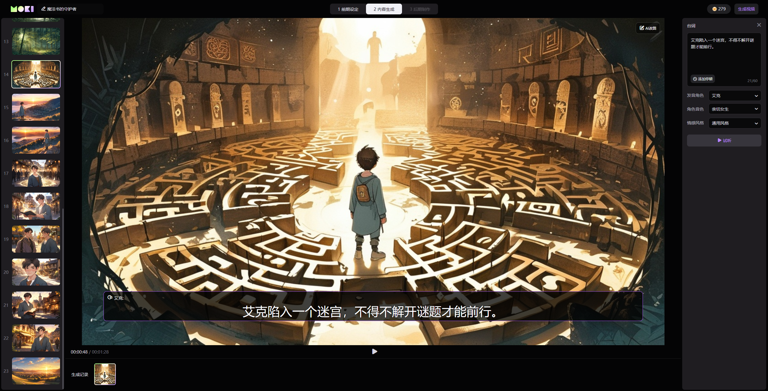 这是美图MOKI内容生成环节产出的画面成果，属于系统生成的包含主角的内容，用于后续的视频制作。画面中，一个背着书包的少年站在巨大迷宫的中心，迷宫向四周延伸，尽头是一位身处光亮中的人影，迷宫石壁上刻有神秘符号，契合文字中“生成包含主角的画面”的描述，这类有人物的画面后续会通过MOKI的AI生视频功能生成视频，生成耗时相较AI运镜更长。