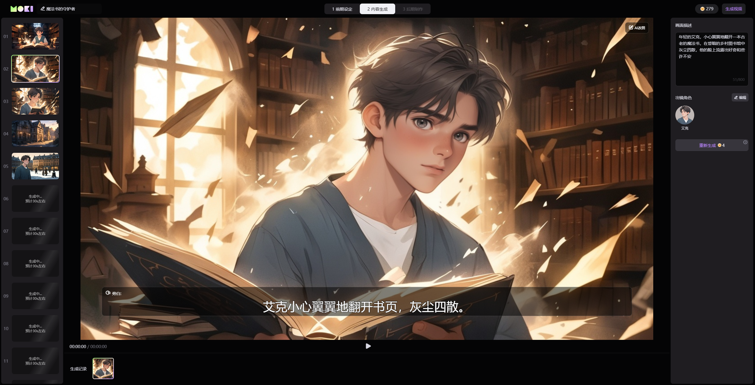 图片展示的是美图MOKI生成的视频画面，画面中一位年轻男子正专注地翻阅着书本，周围飞舞着纸片，背景是充满书籍的书架和明亮的窗户。画面下方有文字“艾克小心翼翼地翻开书页，灰尘四散。”。左侧有多个视频画面缩略图，右侧有用户信息及评论区域。该图片与文档中介绍美图MOKI内容生成部分上下文对应，直观呈现了系统生成的画面效果。