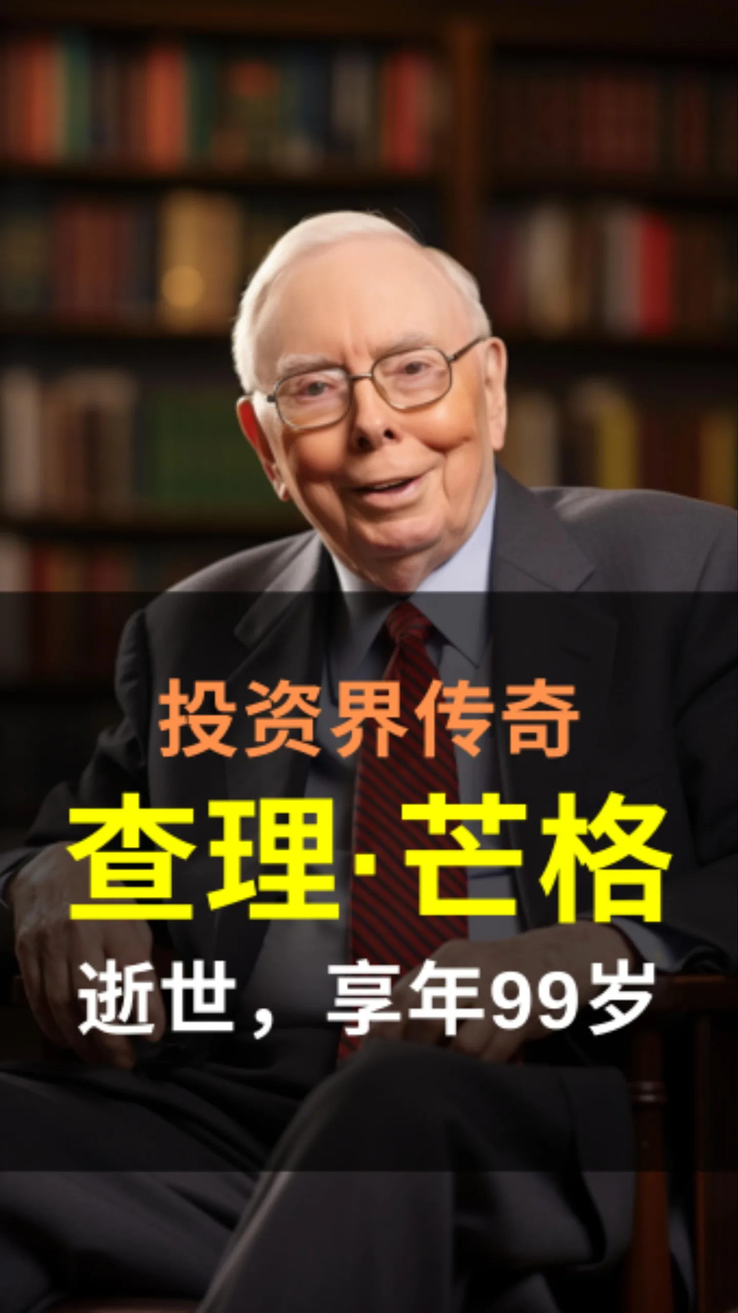 图片展示的是投资界传奇人物查理·芒格。他身着深色西装，佩戴红色领带，坐在椅子上，背景为书架。图片下方有文字“投资界传奇 查理·芒格 逝世，享年99岁”。该图片与文档中提及的查理·芒格视频相关，可能是用于介绍或纪念这位传奇人物，与文档中介绍查理·芒格的内容相呼应。