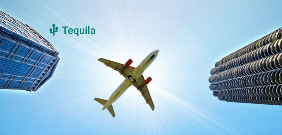 图片展示了一架飞机在蓝天中飞行，背景是两栋高楼。画面左上方有“Tequila”字样及标志。图片与上下文内容相关，上下文介绍Kiwi.com这个在线旅行预订平台及其提供的Tequila合作伙伴解决方案，该方案使企业用户能将Kiwi内容嵌入商业应用并赚取佣金，Tequila API有搜索、预订和管理等功能，图片中的“Tequila”正是该解决方案名称，通过飞机和高楼的画面，直观传达出旅行和商业的主题。