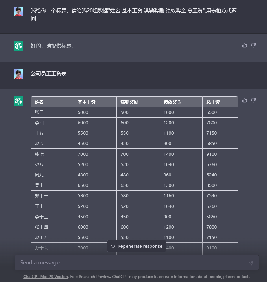 这张图片展示了Numerous.ai工具与用户的交互界面，核心内容是工具根据用户“我给你一个标题，请给我20组数据‘姓名 基本工资 满勤奖励 绩效奖金 总工资’，用表格方式返回”的请求，生成了名为“公司员工工资表”的表格，表格中呈现了15名员工的对应薪资数据，包含姓名、基本工资、满勤奖励、绩效奖金和总工资五项内容，且表格内的各项数值信息清晰可辨，该场景对应了文档中“只需描述您想要的公式，Numerous就会为您编写”的功能说明，直观体现了工具处理表格数据请求的效果。
