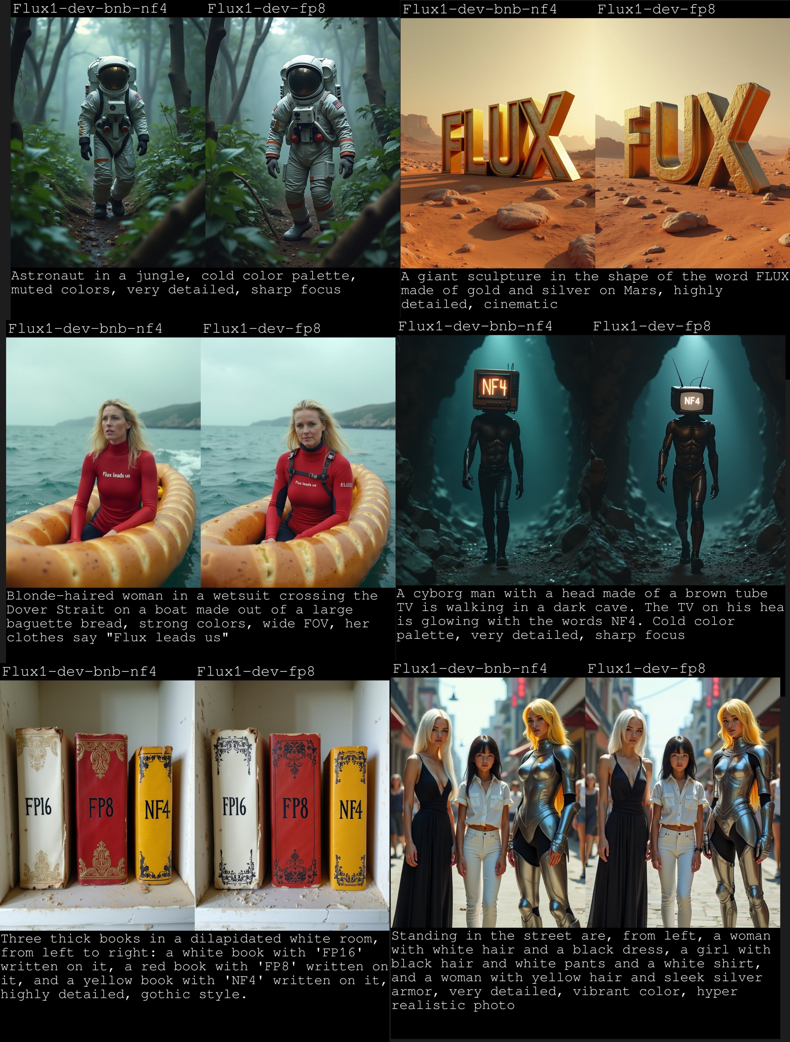 这张图片是Flux.1 dev不同模型版本的效果对比图，共分为四组，每组展示同一场景在不同模型版本下的生成效果。第一组呈现宇航员在丛林的画面，Flux1-dev-bnb-nf4版本生成的图像偏暗、细节简洁，Flux1-dev-fp8版本的画面色调更明亮、质感更细腻写实；第二组是女子在海上浮标的场景，两个版本均准确呈现人物主体与环境，细节表现略有差异；第三组是写有“FF6”“FF8”字样的书架摆件，两个版本都清晰还原了文字与物品质感；第四组是人物街景画面，不同模型版本的人物形象细节呈现也有所区别，直观体现出Flux.1不同模型版本的生成效果差异。