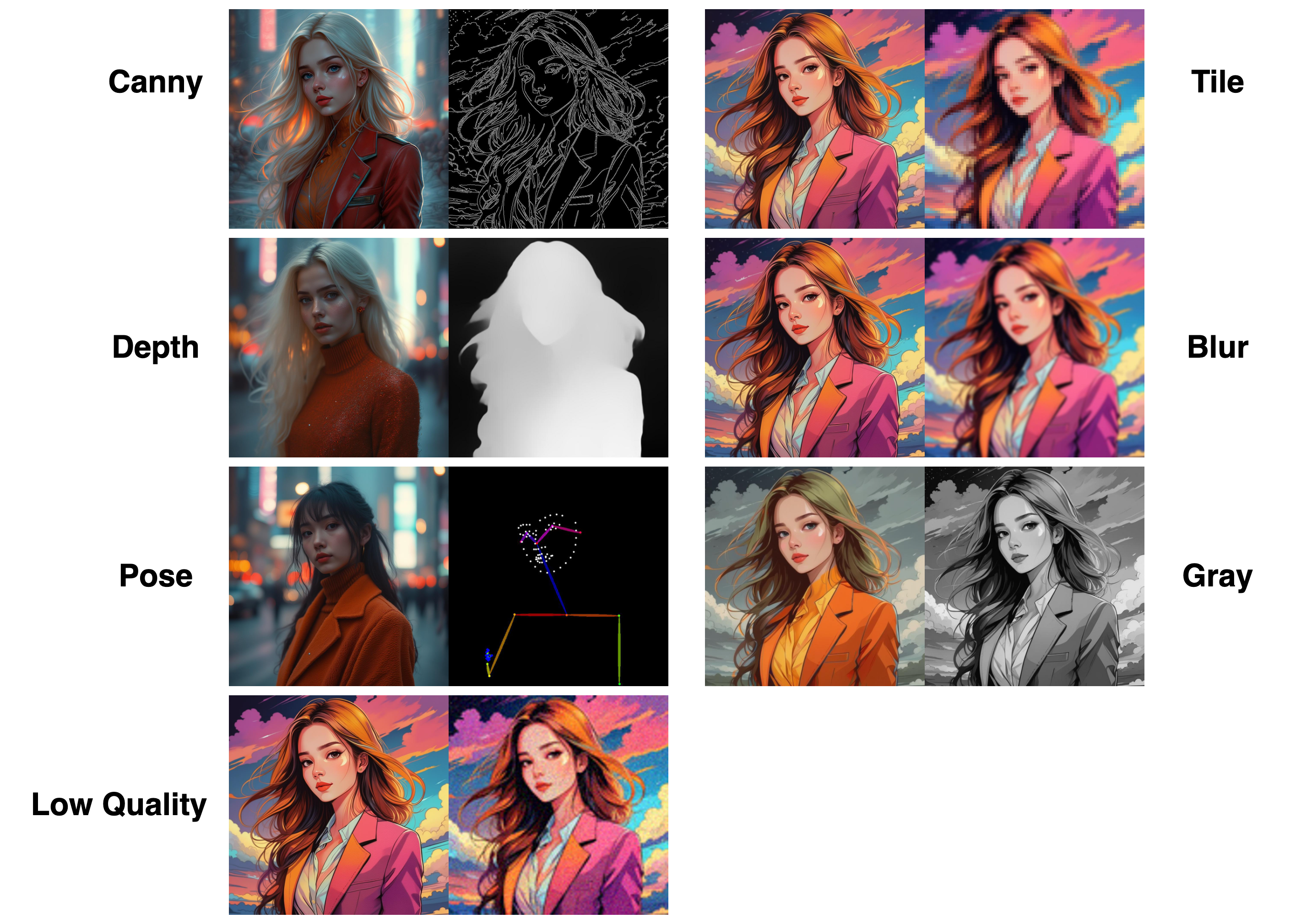 图片展示了Flux.1模型在不同输入条件下的生成效果。左侧为Canny、Depth、Pose、Low Quality等输入条件下的图像，右侧是对应的生成图像。如Canny输入条件下的生成图像为色彩鲜艳的女性肖像，Depth输入条件下的生成图像为带有光影效果的女性肖像等。该图与上下文介绍的Flux.1模型相关，直观呈现了模型在不同输入条件下的表现。