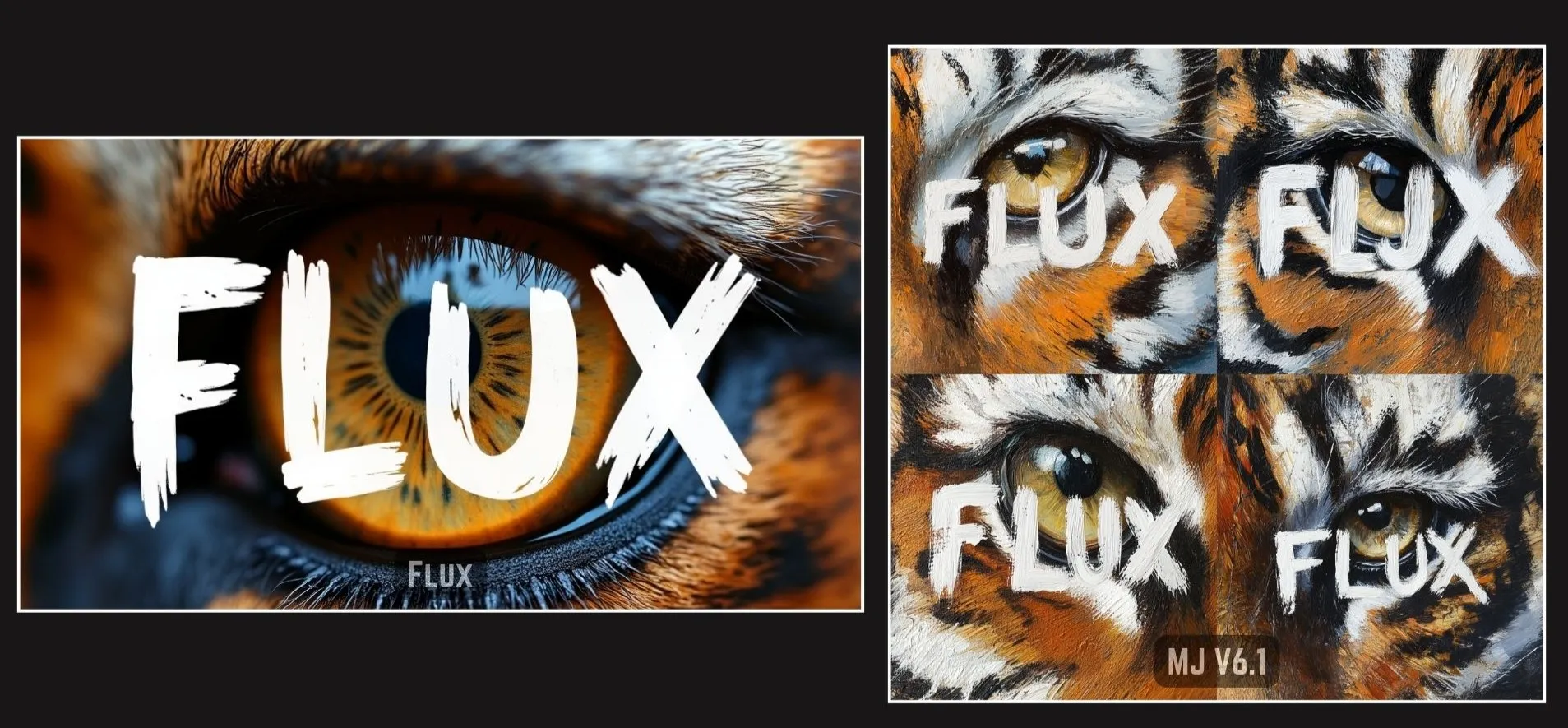 这张图片是Flux.1模型与Midjourney V6.1生成效果的对比展示图。左侧是Flux.1生成的单虎眼极端特写，直接正面视图，图中虎眼效果清晰自然，符合对应的提示词要求。右侧是四组对比图，均为虎眼相关内容，标注了“MJ V6.1”的部分为Midjourney V6.1生成的效果，其余标注“FLUX”的部分为Flux.1生成的效果，可直观体现Flux.1在该类生成任务中的表现。