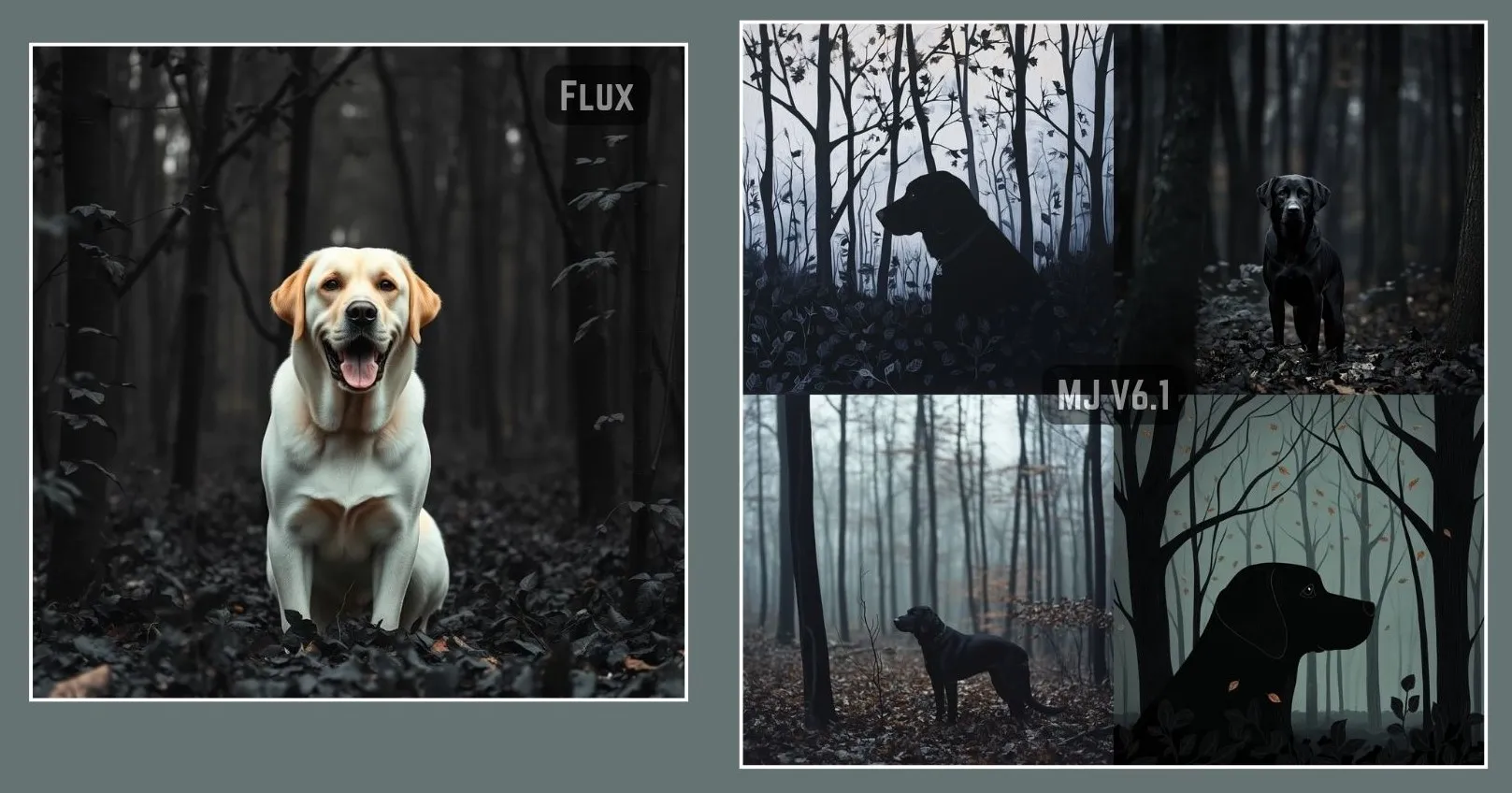 图片展示了Flux和Midjourney V6.1生成的拉布拉多图像对比。左侧为Flux生成的拉布拉多，站立于黑色森林中，背景有“FLUX”标识，狗毛为浅黄色，表情生动。右侧是Midjourney V6.1生成的拉布拉多图像，画面色调偏灰，有“MJ-V6.1”标识，狗为黑色，背景为森林场景。该图片与上下文对比不同AI绘画模型生成效果，直观呈现Flux在视觉质量、指令一致性等方面的优越性。