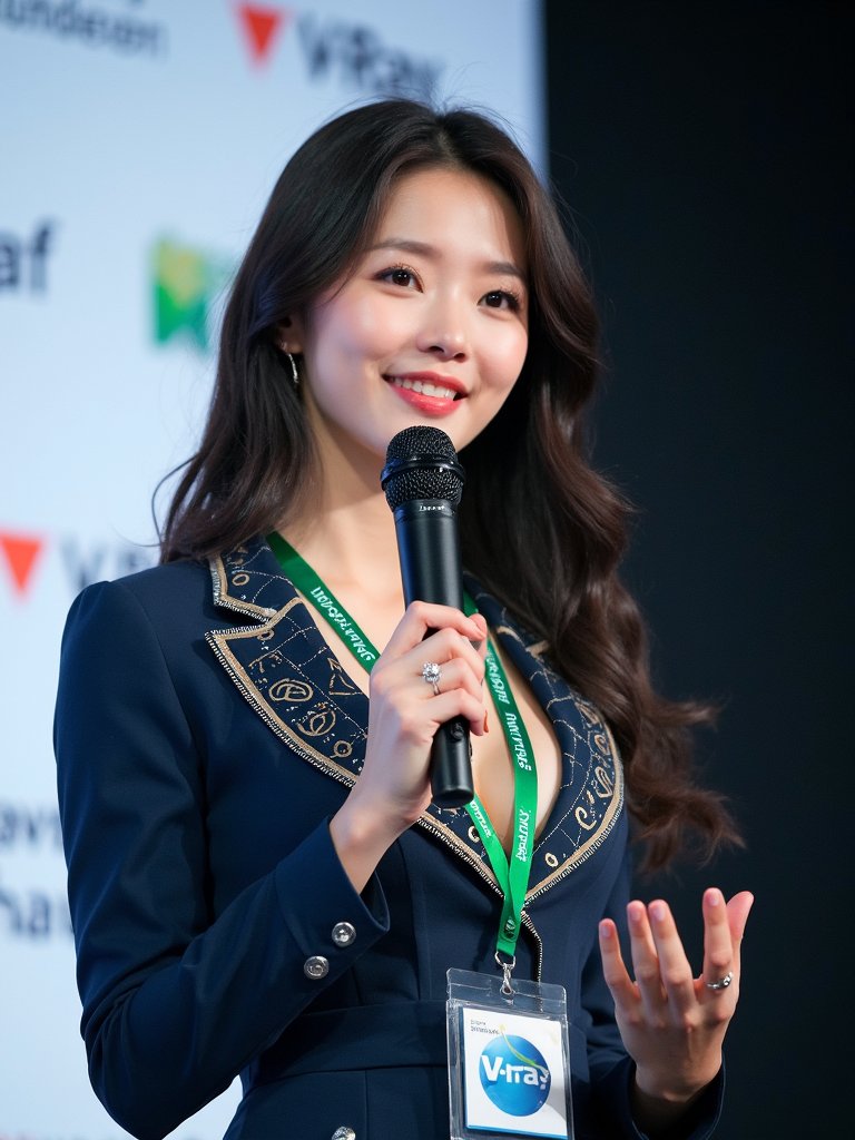 图片展示了一位女性在台上演讲的场景。她身着深色西装，佩戴绿色挂绳，手持黑色麦克风，面带微笑，神情自信。背景为白色屏幕，上面有多个品牌标识，如ViRay、Vitra等。该图片与上文提到的Flux.1在开源AI画图界立新标准的内容相关，可能是在介绍Flux.1背后的团队或相关活动，直观呈现了其在行业中的影响力。