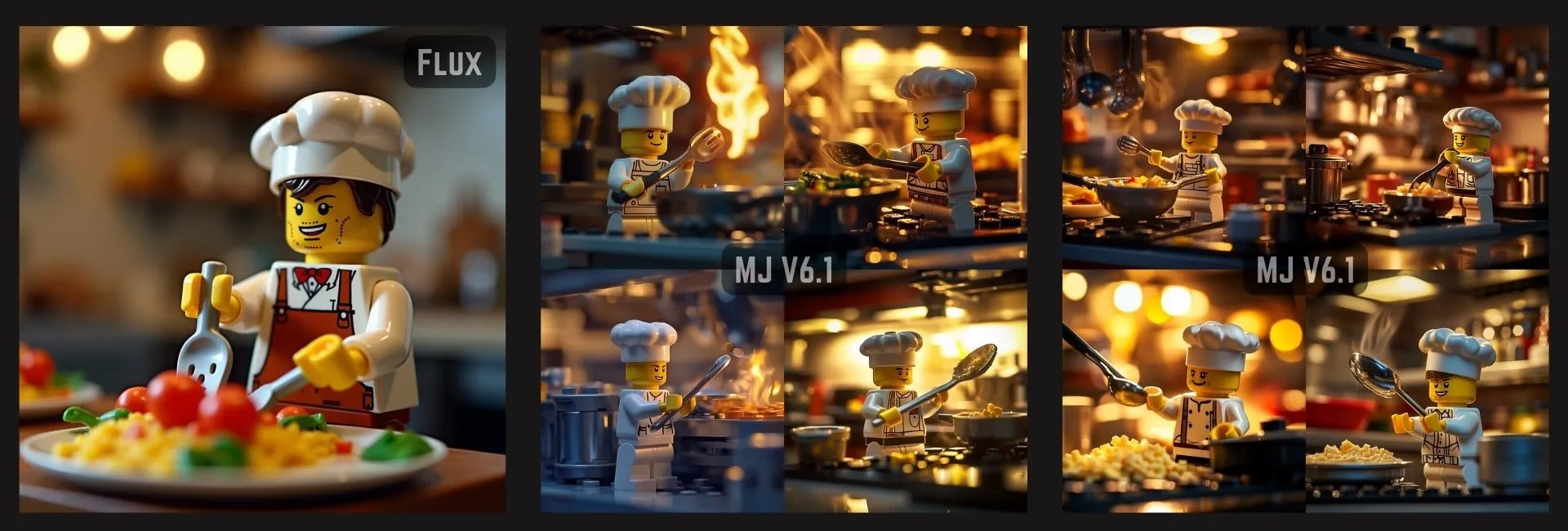 图片展示了Flux、Midjourney V6.1和Midjourney V6.1.1在处理“乐高厨师小人仔为无家可归者做饭的特写”这一提示词时的生成效果对比。左侧为Flux生成的图像，乐高厨师小人仔面带微笑，手持餐具，背景有食物和厨房用具。中间和右侧分别为Midjourney V6.1和V6.1.1生成的图像，厨师小人仔同样手持餐具，但背景中食物和厨房用具的细节和数量有所不同。该图片直观呈现了不同AI绘画模型在处理相同提示词时的生成效果差异。
