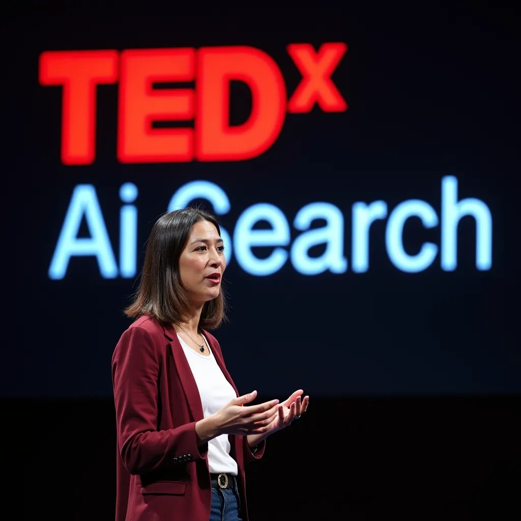 这张图片呈现了一场TEDx活动的现场场景，一位女士身着酒红色西装外套、白色内搭，站在舞台上做出手势，似乎正在进行演讲。她身后的黑色背景板上，亮着醒目的红色“TEDx”字样和蓝色的“Ai Search”字样，结合上下文可知，这是与Flux相关的FLUX TED演讲现场，图中展示的正是该演讲的舞台与演讲者，符合文档中关于Flux相关TED演讲的内容描述。