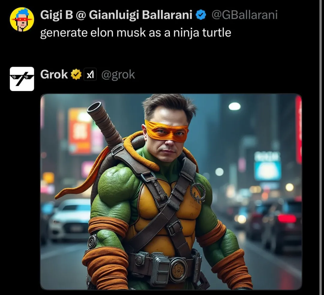图片展示了一张由Grok生成的图片，用户Gigi B @ Gianluigi Ballarani要求生成“elon musk as a ninja turtle”，即“埃隆·马斯克作为忍者龟”。图片中呈现了埃隆·马斯克穿着忍者龟的服装，背景为夜晚的城市街道场景。该图片与文档中介绍Flux.1的内容相关，展示了其图像生成能力，体现了与xAI合作为Grok 2提供的图像生成功能。