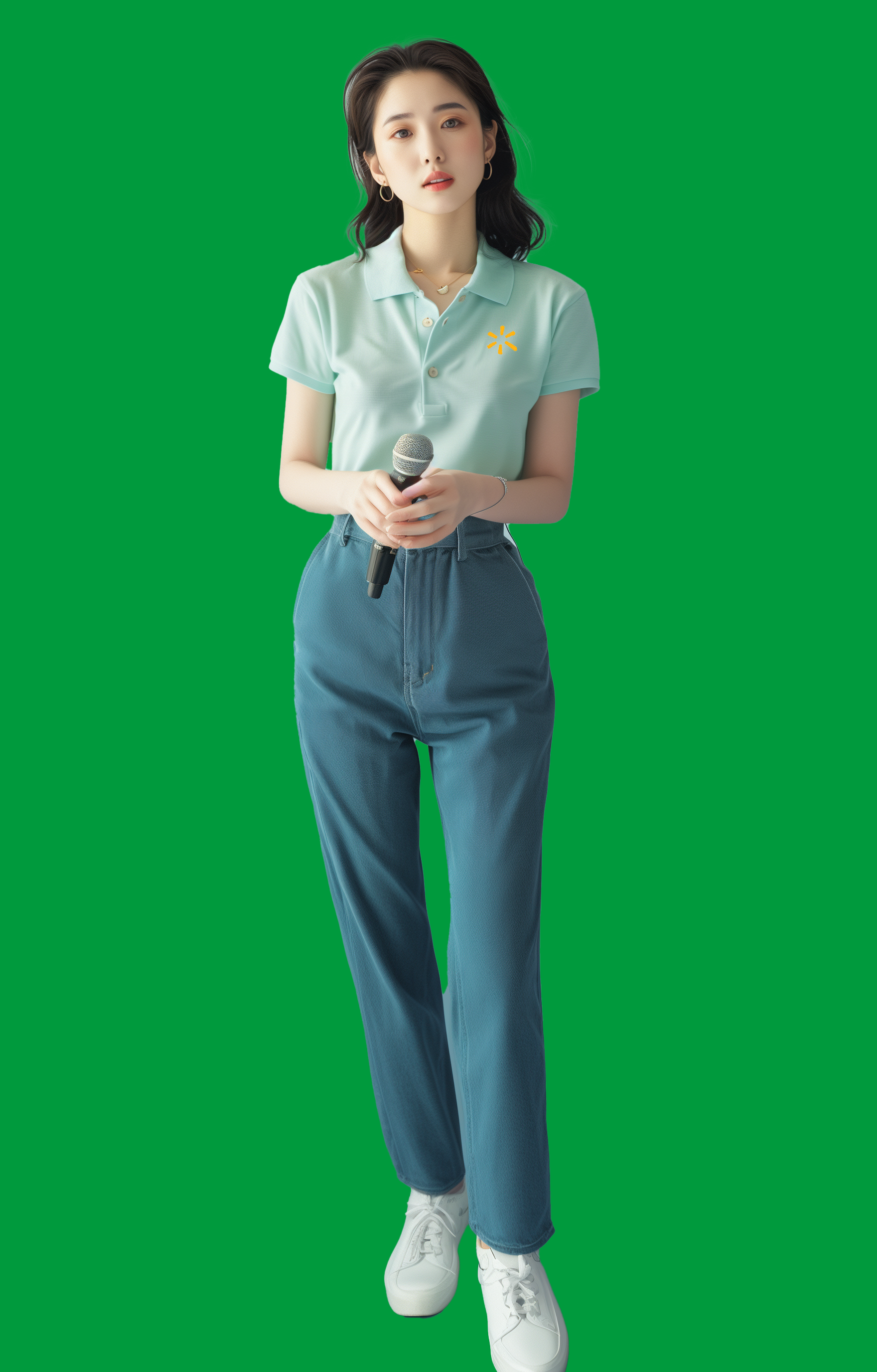 图片中是一位女性，她身着浅绿色带黄色图案的短袖polo衫，搭配深蓝色长裤和白色运动鞋。她双手握着一只麦克风，站在绿幕背景前。结合文档上下文，该图片可能与AI数字人访谈类视频制作相关，或许是视频中AI数字人形象的参考，或是真实出镜人物，展示了与视频制作相关的元素，可能是用于后续视频制作中的某一环节。