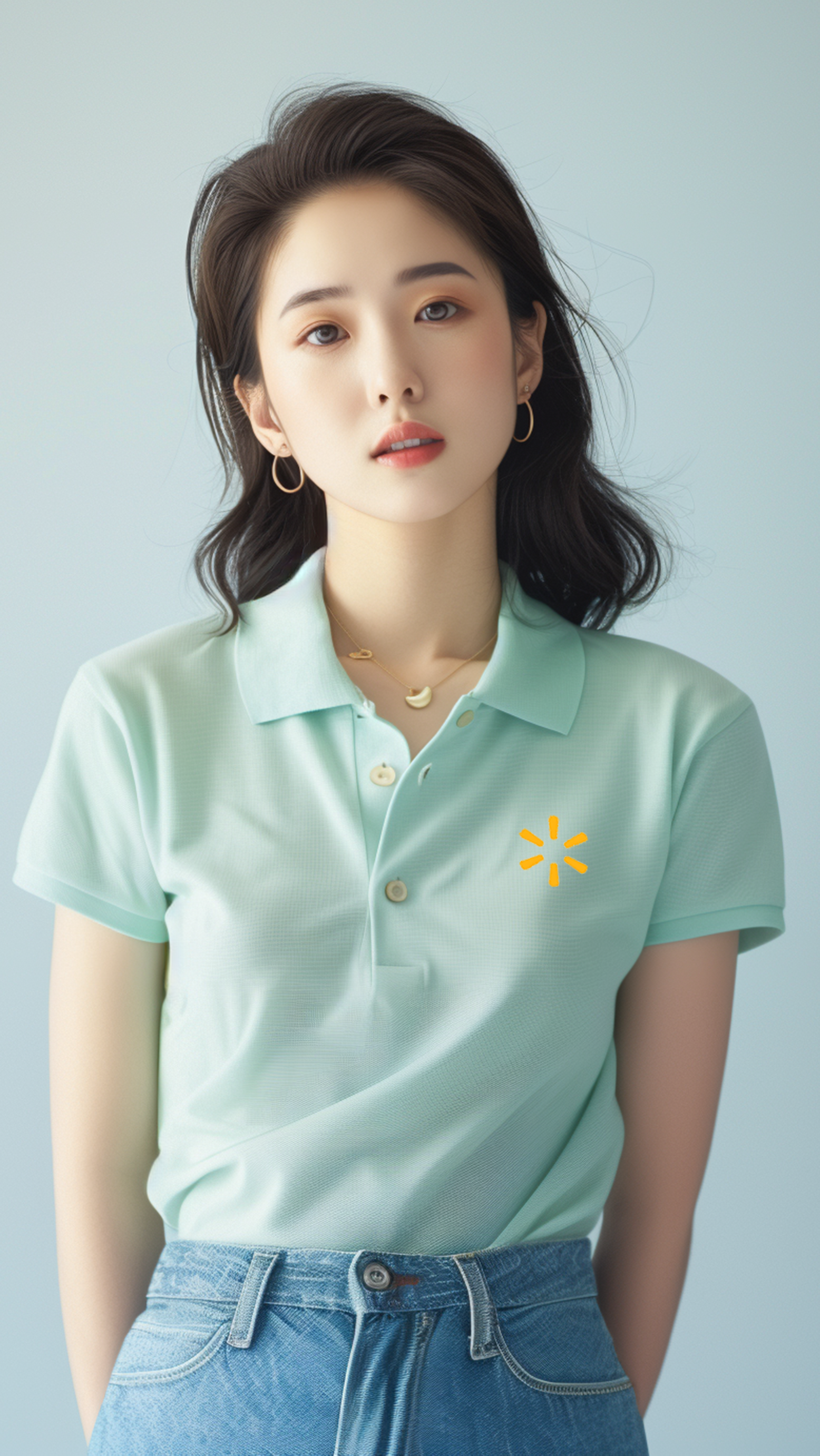 图片中是一位女性，她留着黑色披肩发，佩戴金色圆环耳环和项链。身着浅绿色翻领短袖上衣，衣服左胸口处有黄色图案装饰，下身搭配蓝色牛仔裤。她双手背于身后，背景为浅蓝色。文档主要讲述了AI数字人访谈类视频的商单变现情况，提到接了一个用于20周年庆典的广告项目，图片在此处未明确与上下文的直接关联，可能是用于示例或装饰。