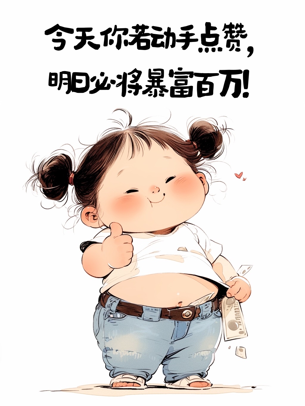 图片中是一个扎着双马尾、面带笑容的卡通小女孩，她身穿白色短袖和蓝色牛仔裤，左手拿着钞票，右手竖起大拇指。上方配有文字“今天你若动手点赞，明日必将暴富百万”。该图片位于文章结语部分的末尾，与上文“如果对你有用，欢迎为元峰点个赞👍”相呼应，以幽默、趣味性的方式引导读者为文章点赞。