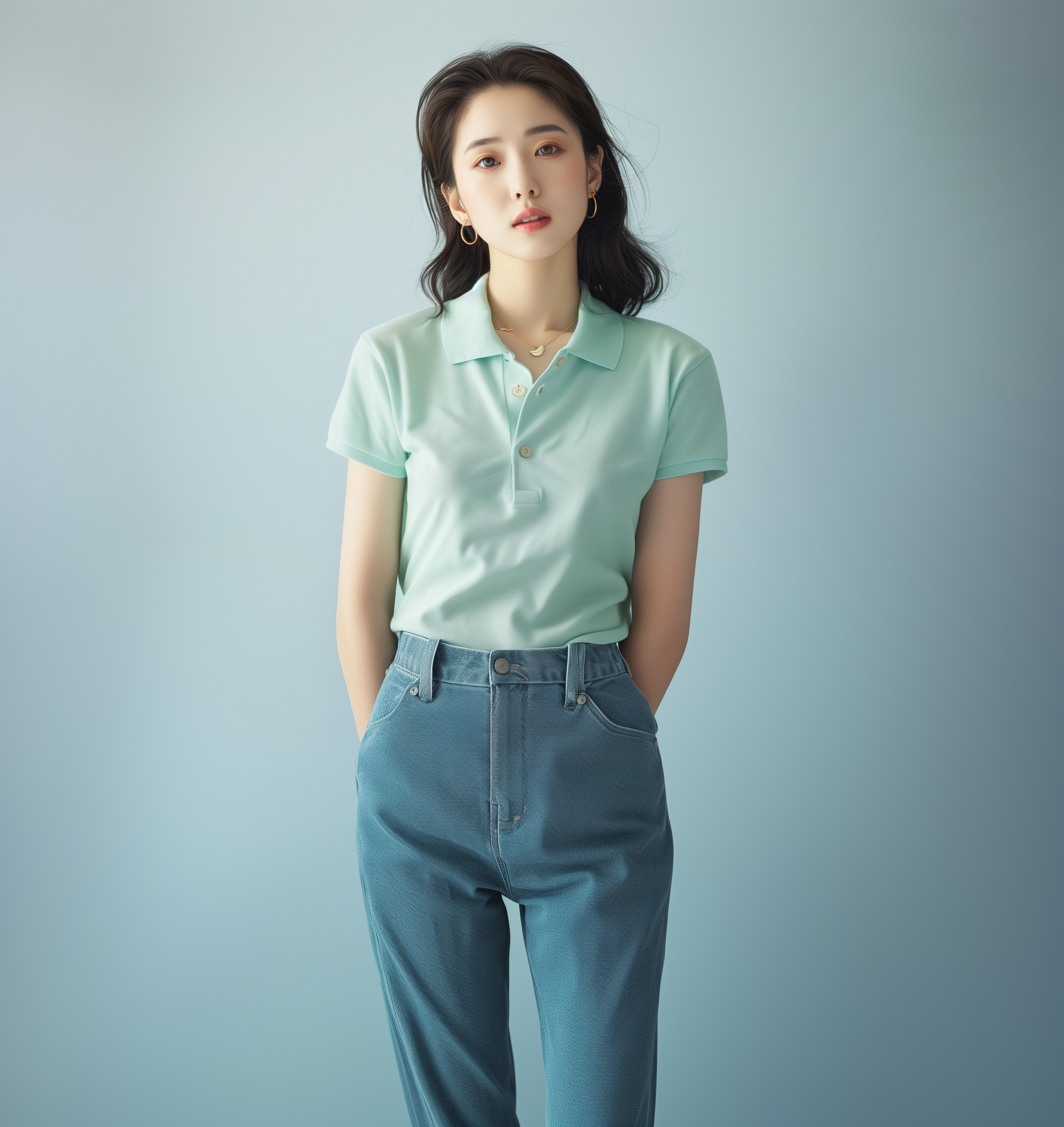 图片中是一位女性，她身着浅绿色短袖翻领上衣，搭配蓝色牛仔裤，耳朵戴着金色耳环，脖颈处佩戴项链。她双手背于身后，站在浅蓝色背景前。在文档中，图片位于介绍AI数字人广告项目之后，提到整体视频制作步骤类似但细节不同且片子还在制作不展示的内容之间，图片与文档中AI数字人视频制作的内容无直接关联。