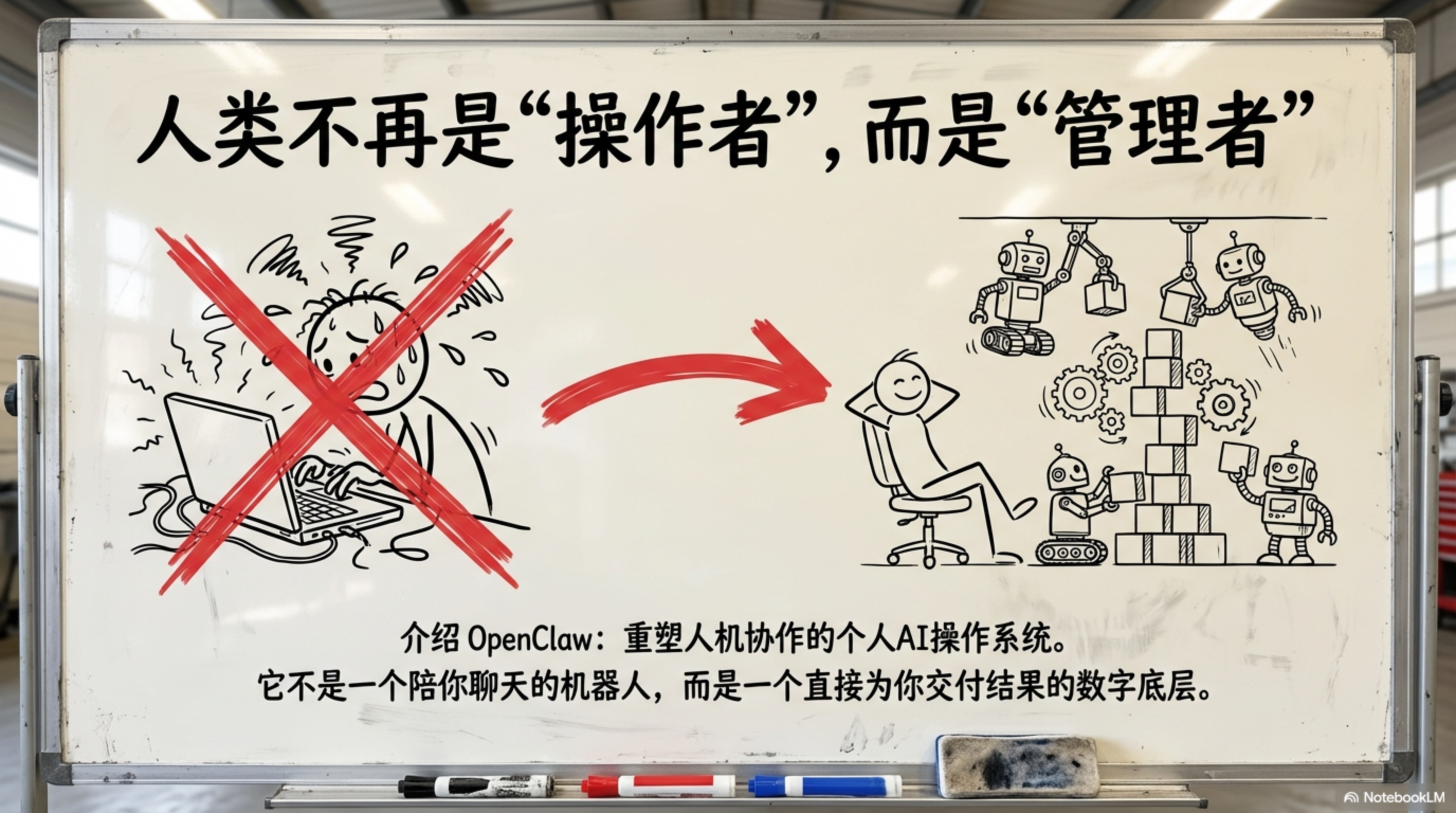 图片是一块白板，上方写着“人类不再是‘操作者’，而是‘管理者’”。左侧用红叉标识出一个正在操作电脑的人，右侧则展示了机器人、机械臂等自动化设备。下方文字介绍OpenClaw：重塑人机协作的个人AI操作系统，它不是一个陪你聊天的机器人，而是一个直接为你交付结果的数字底层。图片与上下文紧密相关，直观呈现了OpenClaw与传统AI操作系统的区别，强调其在人机协作中的角色转变。