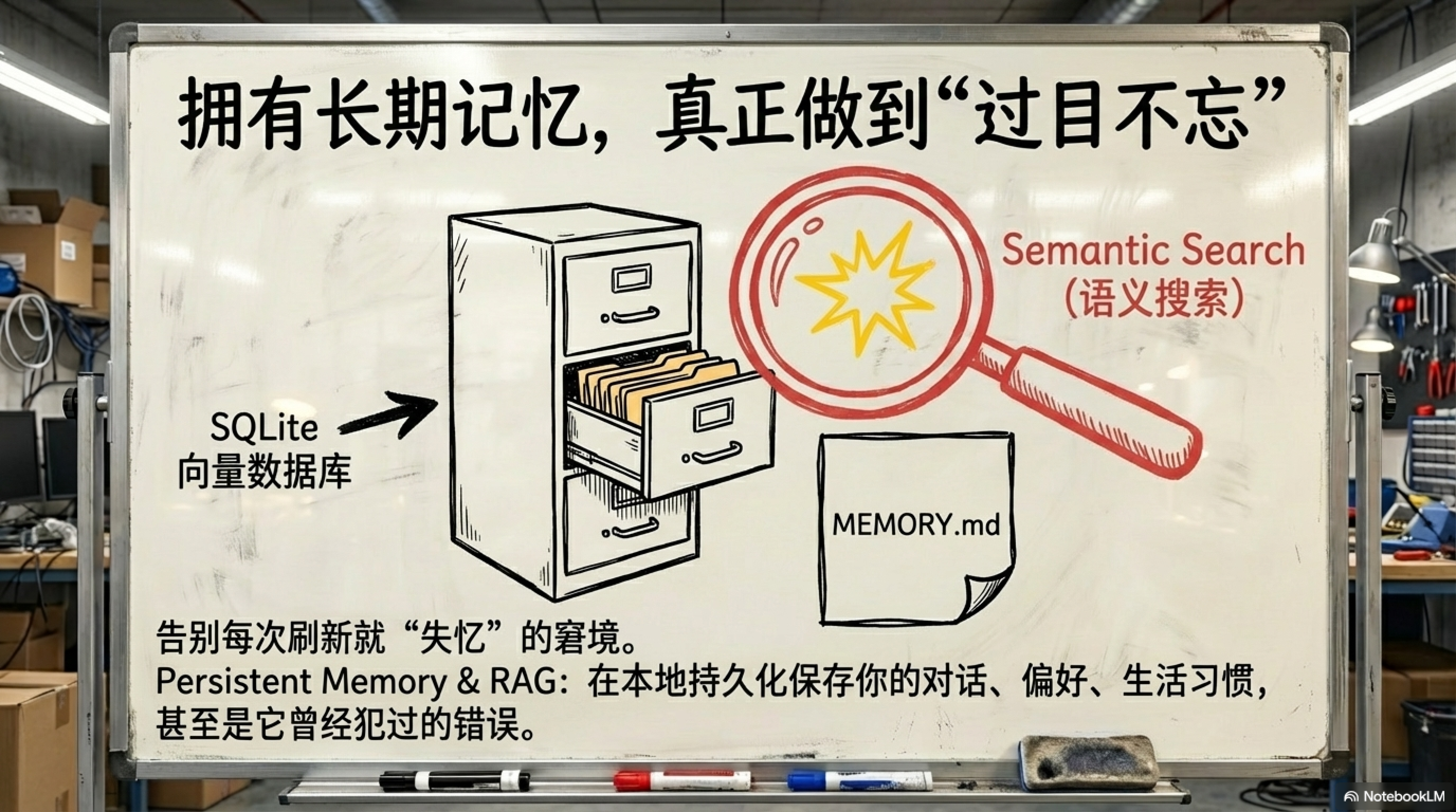 图片展示了一块白板，白板上用中文写着“拥有长期记忆，真正做到‘过目不忘’”。画面中有一个文件柜，标注为“SQLite向量数据库”，文件柜里有文件夹，文件夹旁有放大镜，标注为“Semantic Search（语义搜索）”。下方文字说明告别每次刷新就“失忆”的窘境，Persistent Memory & RAG：在本地持久化保存你的对话、偏好、生活习惯，甚至是它曾经犯过的错误。该图片与上下文介绍OpenClaw拥有长期记忆，能自动翻出相关记忆，带着完整上下文回应用户的内容相呼应。