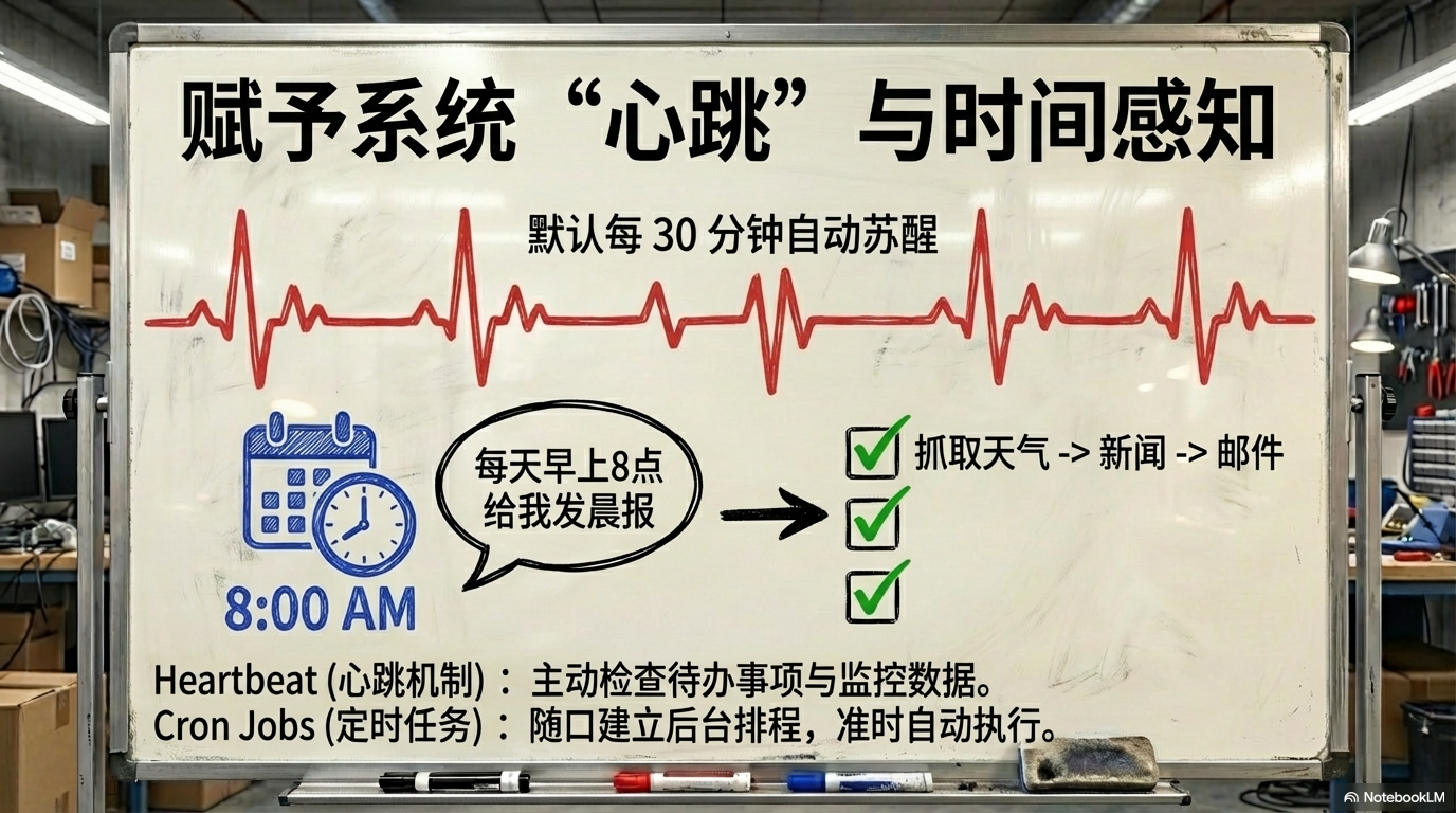 图片是一块白板，标题为“赋予系统‘心跳’与时间感知”。白板上展示了Heartbeat（心跳机制）和Cron Jobs（定时任务）的相关内容。Heartbeat默认每30分钟自动苏醒，每天早上8点给“我”发晨报，抓取天气、新闻、邮件等信息。Cron Jobs随口建立后台排程，准时自动执行任务。图片与上下文紧密相关，直观呈现了OpenClaw系统自动执行任务的机制，解释了其能自动完成待办事项和监控数据检查的原因。