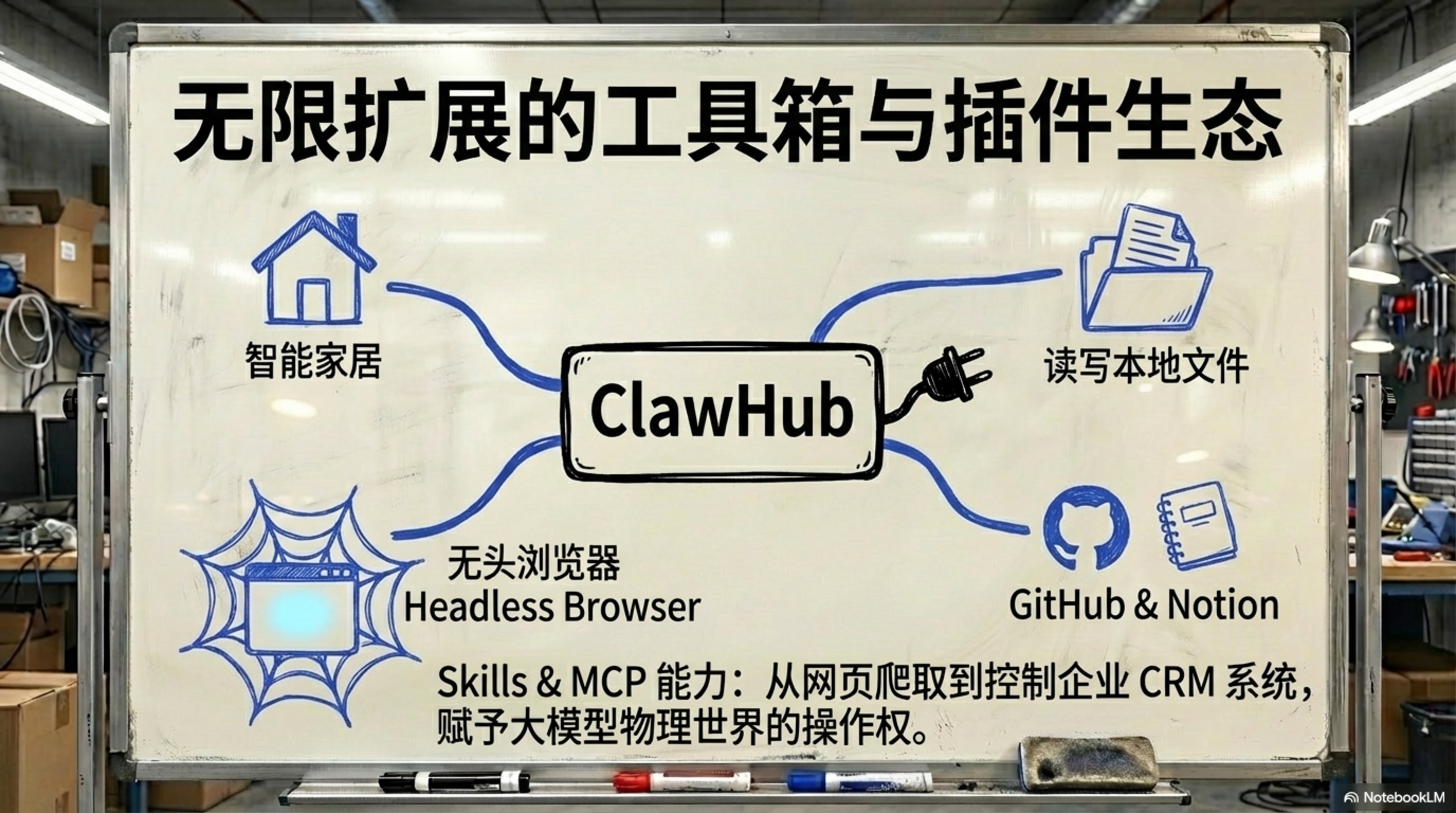 图片展示了ClawHub的无限扩展的工具箱与插件生态。画面中心是“ClawHub”标识，四周以蓝色线条连接着智能家居、读写本地文件、无头浏览器（Headless Browser）、GitHub & Notion等图标。下方文字说明其Skills & MCP能力可从网页爬取到控制企业CRM系统，赋予在物理世界的操作权。图片与上下文关系紧密，直观呈现了上文提到的通过安装插件，AI能实现如读写本地文件、连接操作GitHub等多种超乎想象的功能。