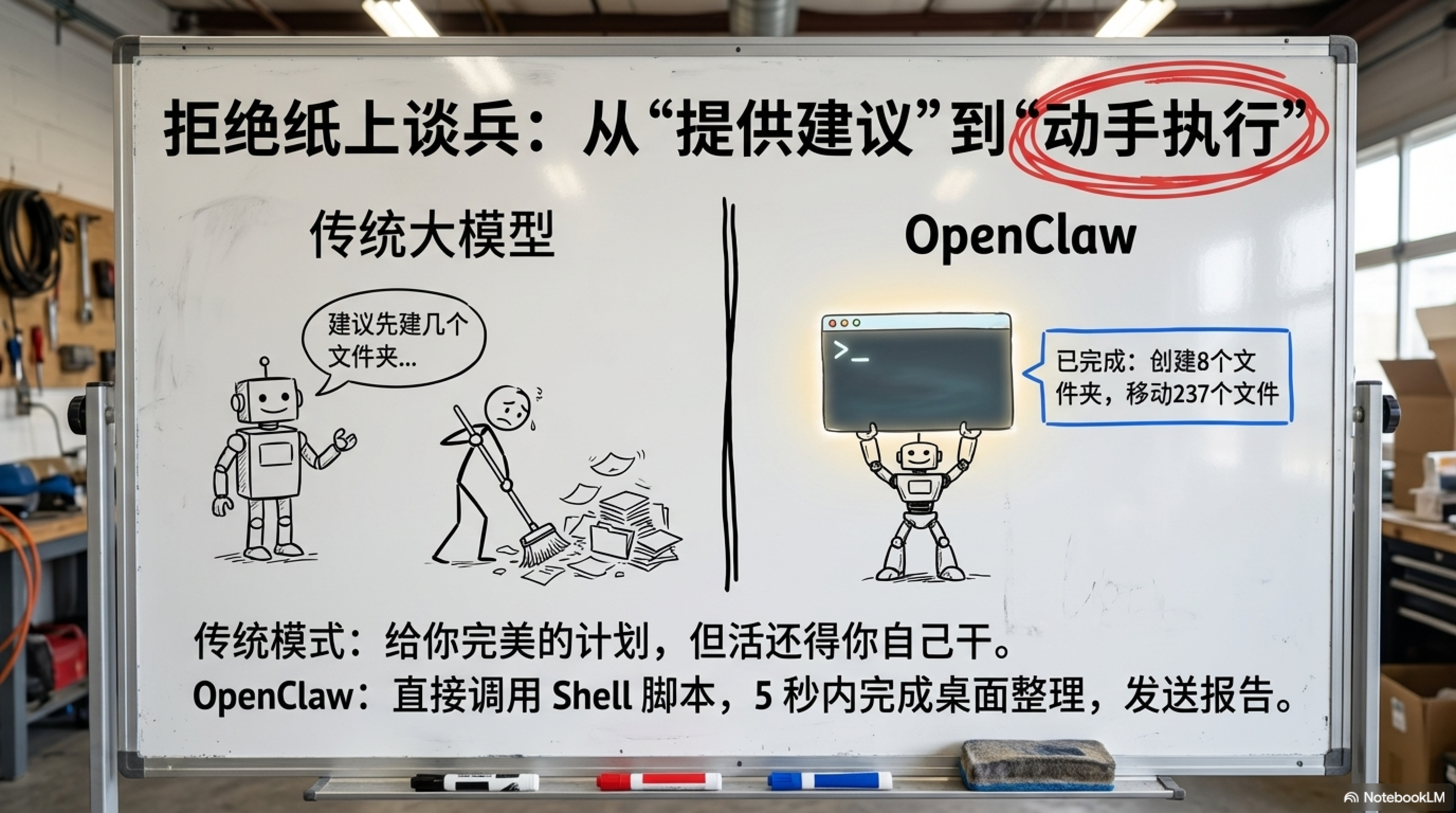 图片是一块白板，标题为“拒绝纸上谈兵：从‘提供建议’到‘动手执行’”。左侧以传统大模型为例，机器人建议先建几个文件夹，人类再动手干；右侧介绍OpenClaw，机器人直接调用Shell脚本，5秒内完成桌面整理，发送报告，已完成创建8个文件夹、移动237个文件。该图片与上下文内容紧密相关，直观呈现了传统模式与OpenClaw在执行效率上的差异，强调OpenClaw能从“提供建议”到“动手执行”。