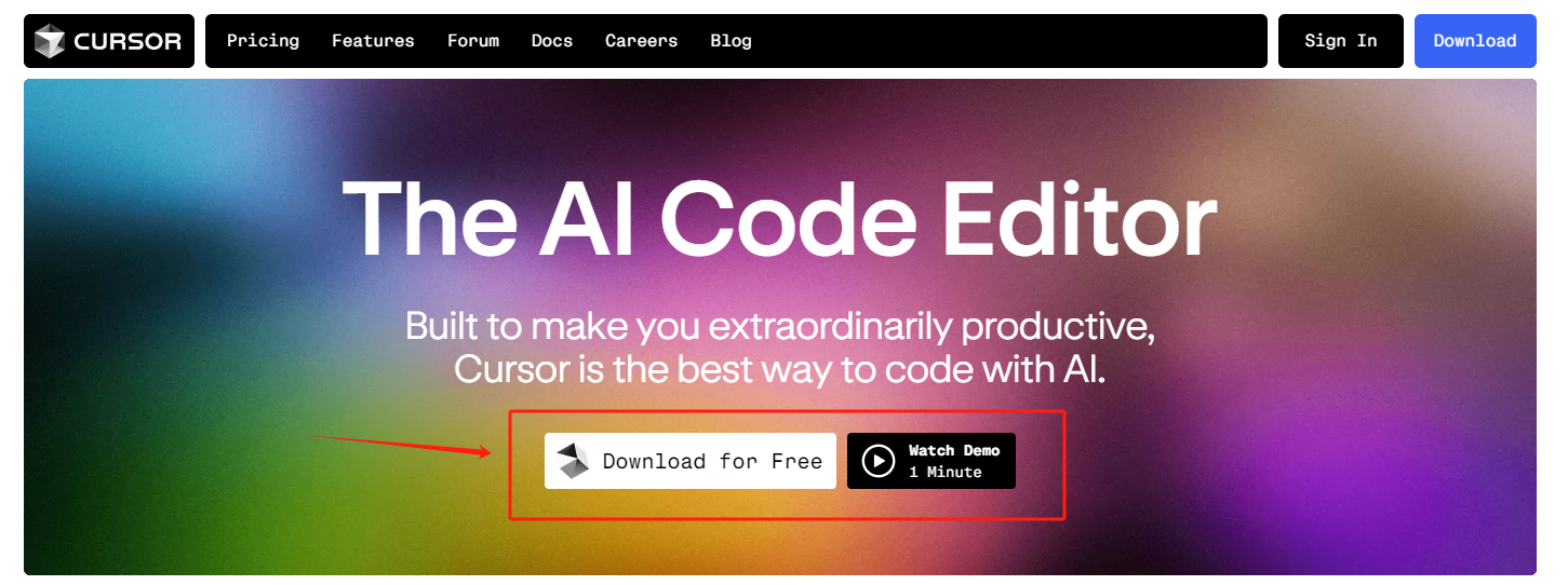 图片展示了Cursor AI编程工具的官网首页。上方有导航栏，包括Pricing、Features、Forum等选项。中间大标题为“The AI Code Editor”，下方副标题说明Cursor旨在让用户更高效地编程。底部有“Download for Free”和“Watch Demo 1 Minute”两个按钮，前者为免费下载，后者为观看1分钟演示视频。该图片与上下文关系紧密，直观呈现了Cursor AI编程工具的下载入口位置。