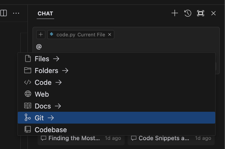 图片展示了Cursor AI的Chat界面。界面中“code.py Current File”被蓝色高亮显示,表明当前操作文件为code.py。下方有“Files”“Folders”“Code”“Web”“Docs”“Git”“Codebase”等选项,其中“Git”选项被蓝色高亮突出显示。该图片与上下文介绍的Cursor AI附加功能和优点相关,直观呈现了在Cursor AI中进行相关操作时的界面情况,帮助用户了解如何在Chat界面中选择不同功能。