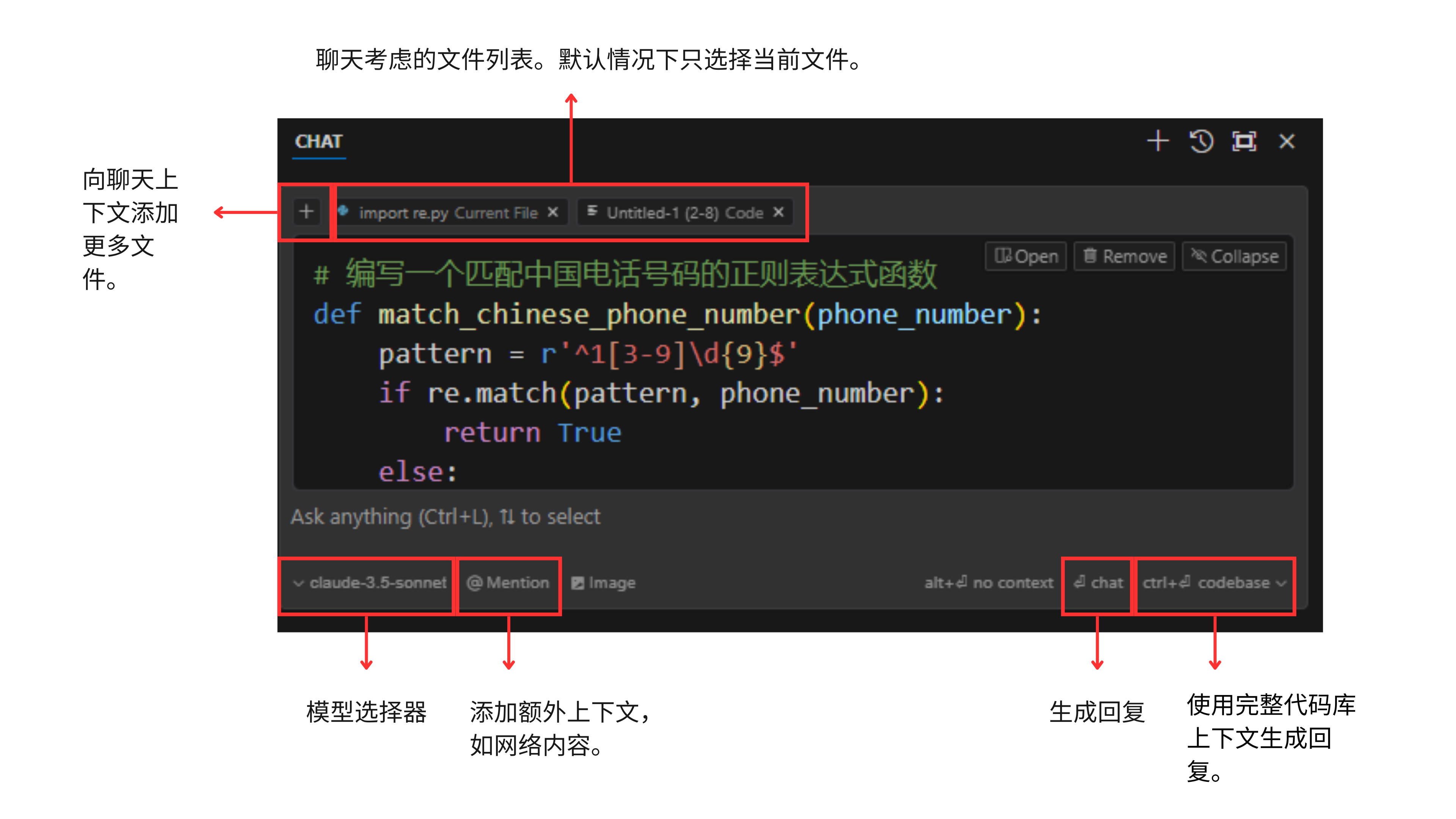 图片展示了Cursor AI聊天窗口的界面及功能。上方显示聊天考虑的文件列表,当前仅选中“rs.py”文件。下方代码区域有“claude-3.5-somnet”“Mention”“image”等模型选择器,可添加额外上下文。右下角有“chat”“codebase”等生成回复选项,可使用完整代码库上下文生成回复。该图与上下文介绍的聊天窗口功能相呼应,直观呈现了聊天窗口的界面布局及部分功能。
