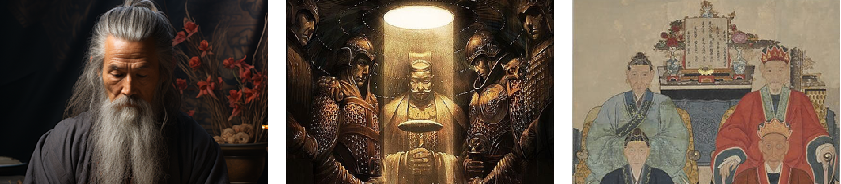 图片由三张图像组成。左侧是一位白发长须、身着黑衣的老者；中间是一尊被灯光照亮的古代人物塑像，周围有身着盔甲的人物；右侧是一幅古代家族人物画像，画面中有几位穿着传统服饰的人物。图片位于介绍数字家谱的上下文中，通过展示不同形式的先人形象，直观呈现出传统家谱中对祖先的呈现方式，与后文提到的可通过数字家谱和家族已故长辈对话形成对比，突显数字家谱丰富先人的档案、实现互动的特点。