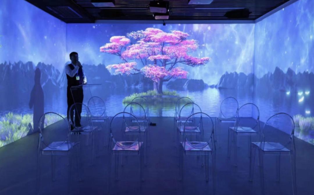 图片展示了一个充满科技感的室内场景。房间内摆放着多排透明椅子，前方有一位男士站立，似乎正在进行讲解。四周的墙壁上投影出绚丽的画面，包括粉色的繁花树、山水景色等，营造出梦幻的氛围。此图位于介绍殡葬行业数字化革命及数字家谱的文档中，可能是展示与数字纪念相关的应用场景，体现了数字化在纪念亲人等方面的应用，与文档中提到的数字墓位、数字家谱等数字化纪念方式相呼应。